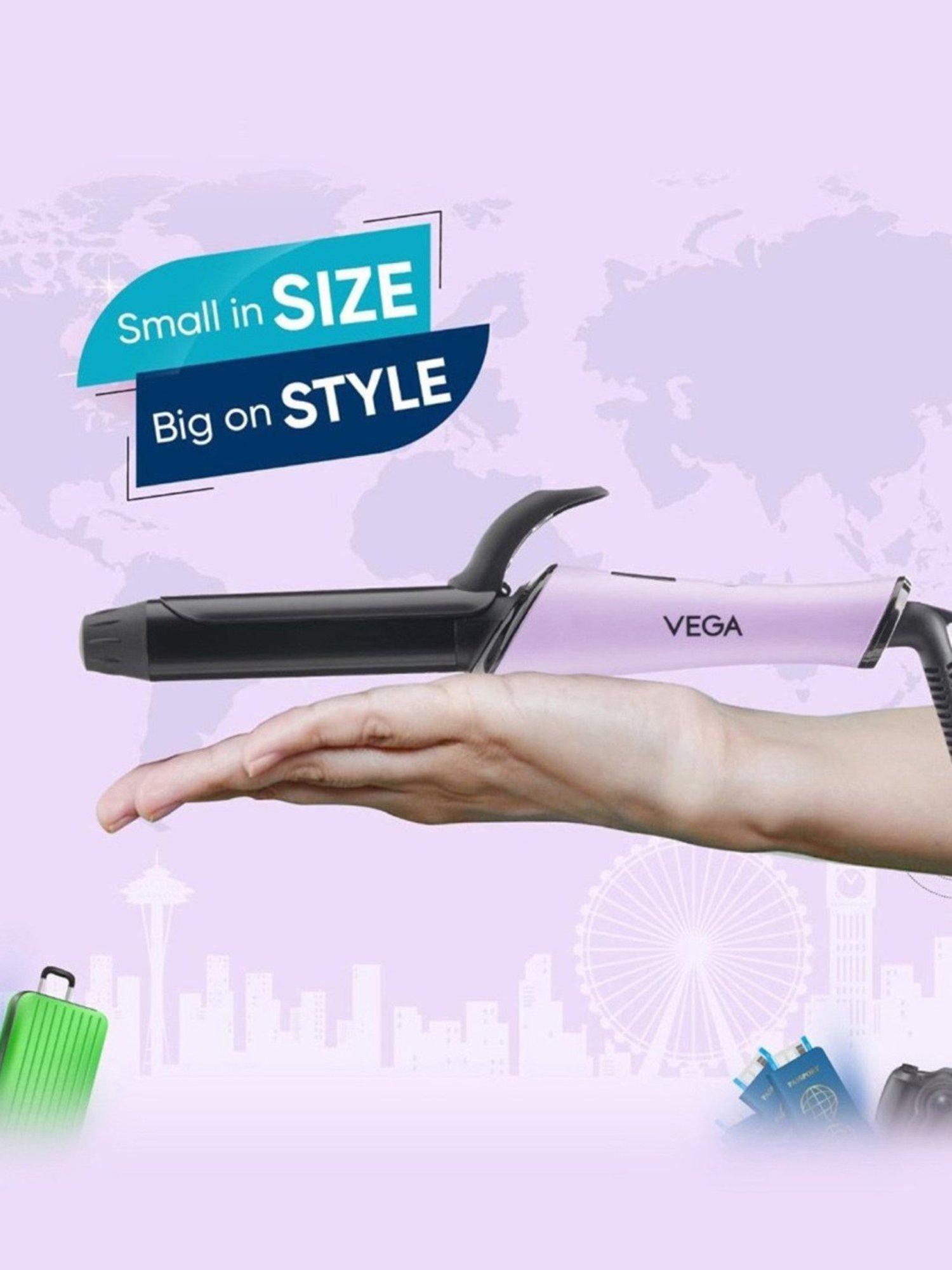 Vega VHCH-08 Mini Hair Curler for Women with 25 mm Barrel, Ceramic Coated Plates (Purple)