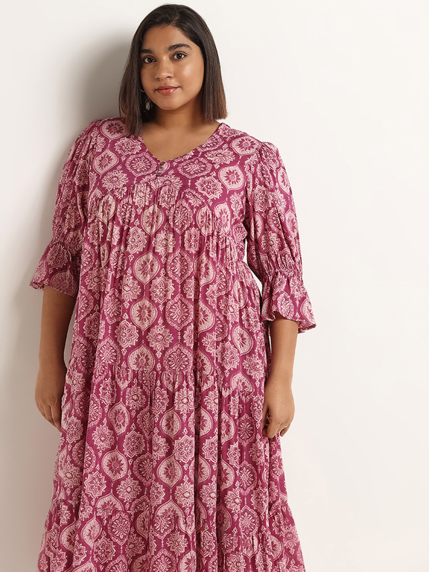 Diza by Westside Pink Flared Printed Tiered Dress