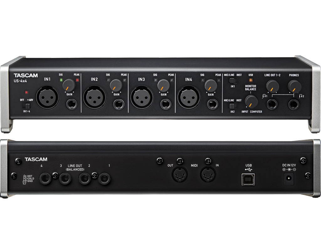 TASCAM US-4x4 USB Audio Interface. W/ 2 XLR Cables and 2 MIC Stand