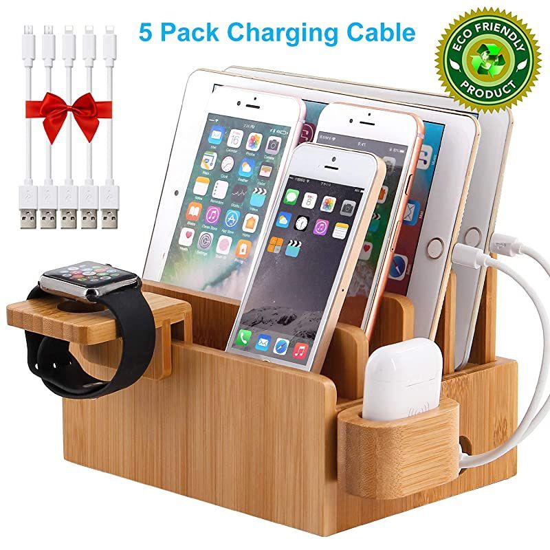 Charging Station Organizer for Multiple Devices Desktop Docking Stations Holder for Cell Phone Tablet iWatch Airpod Charge Stand Included Watch Airpod Stand 5 Cable ?No USB Charger