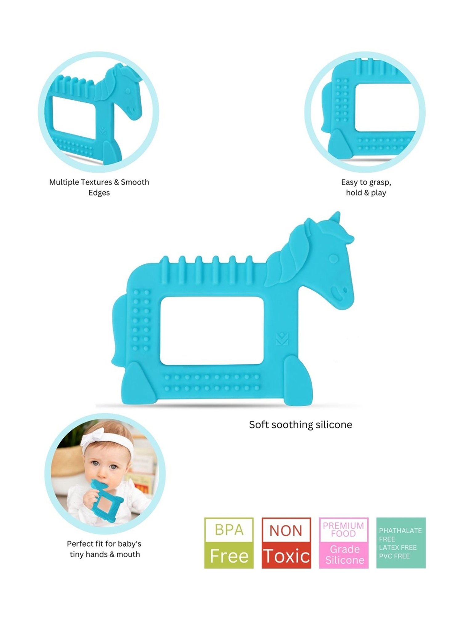 Baby Moo Kids Blue Unicorn & Pink Hippo Soothing Silicon Teether (BPA & Toxin Free, Pack of 2)