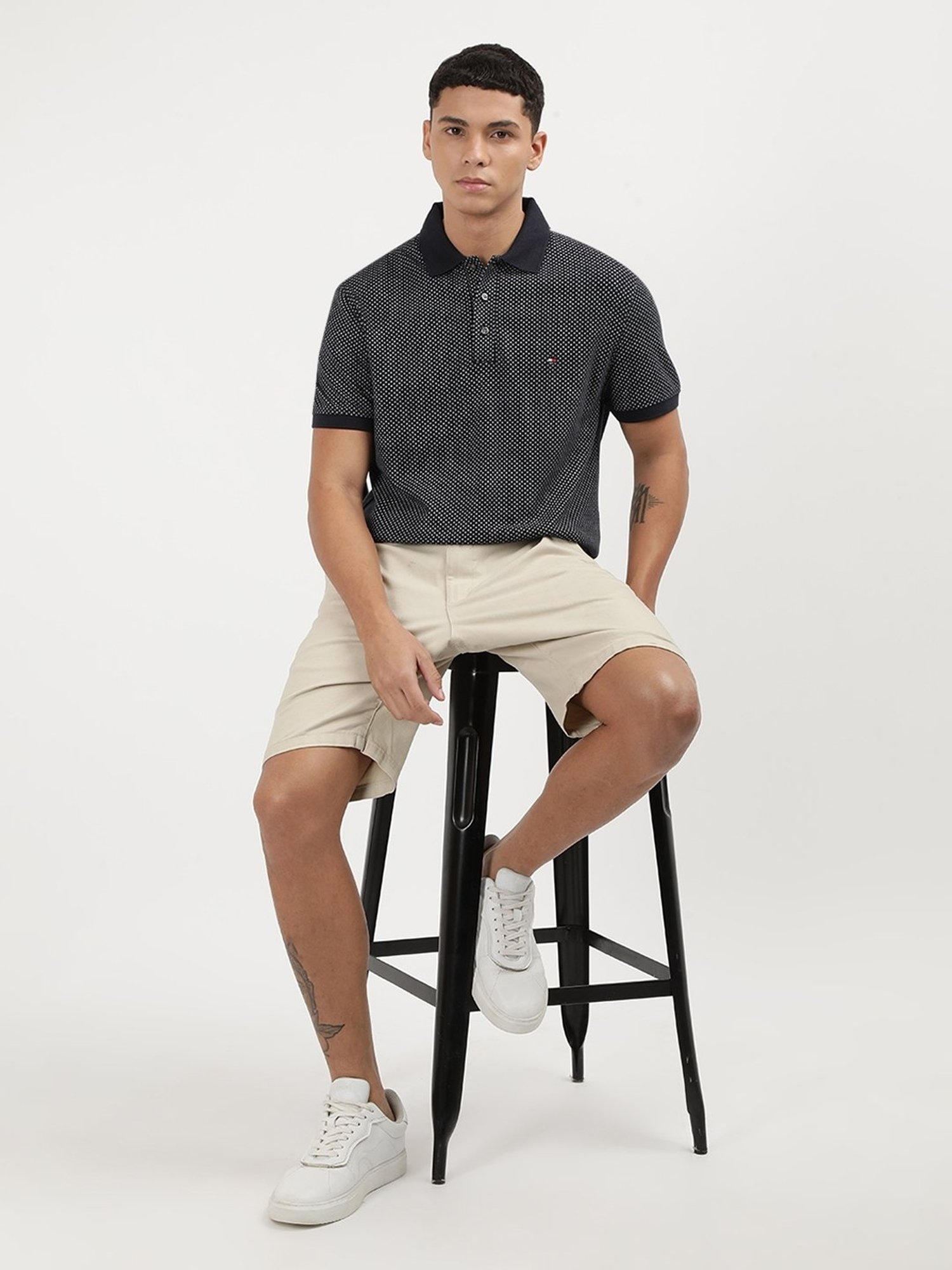 Tommy Hilfiger Desert Sky Melange & Ecru Cotton Regular Fit Graphic Polo T-Shirt