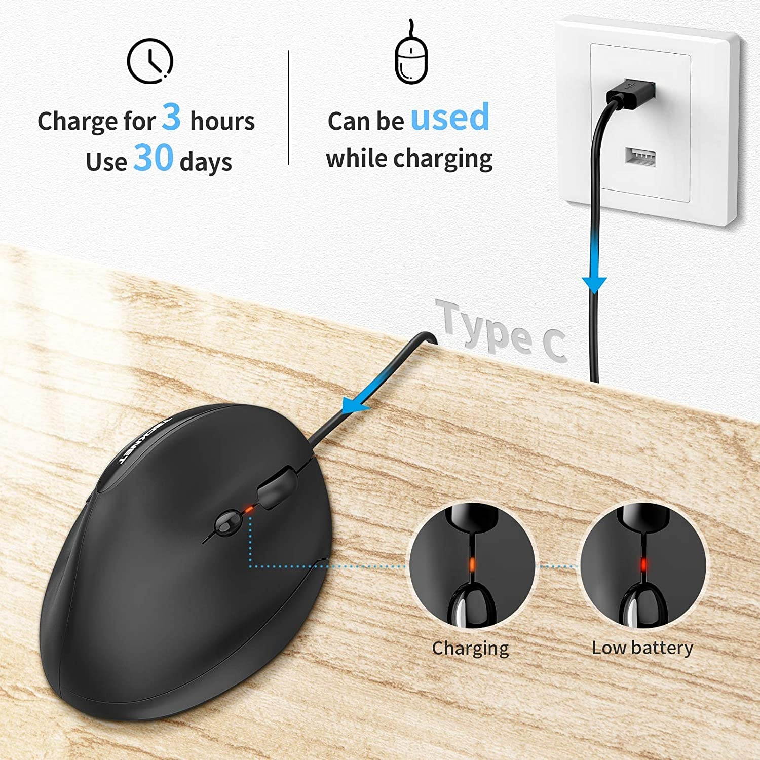 TeckNet 2.4G Rechargeable Wireless Vertical Ergonomic Optical Mouse with USB Nano Receiver, 800 / 1200 /1600 /2000 /2400DPI, 5 Buttons for Laptop, MacBook, PC, Windows, Android, OS System (Black)