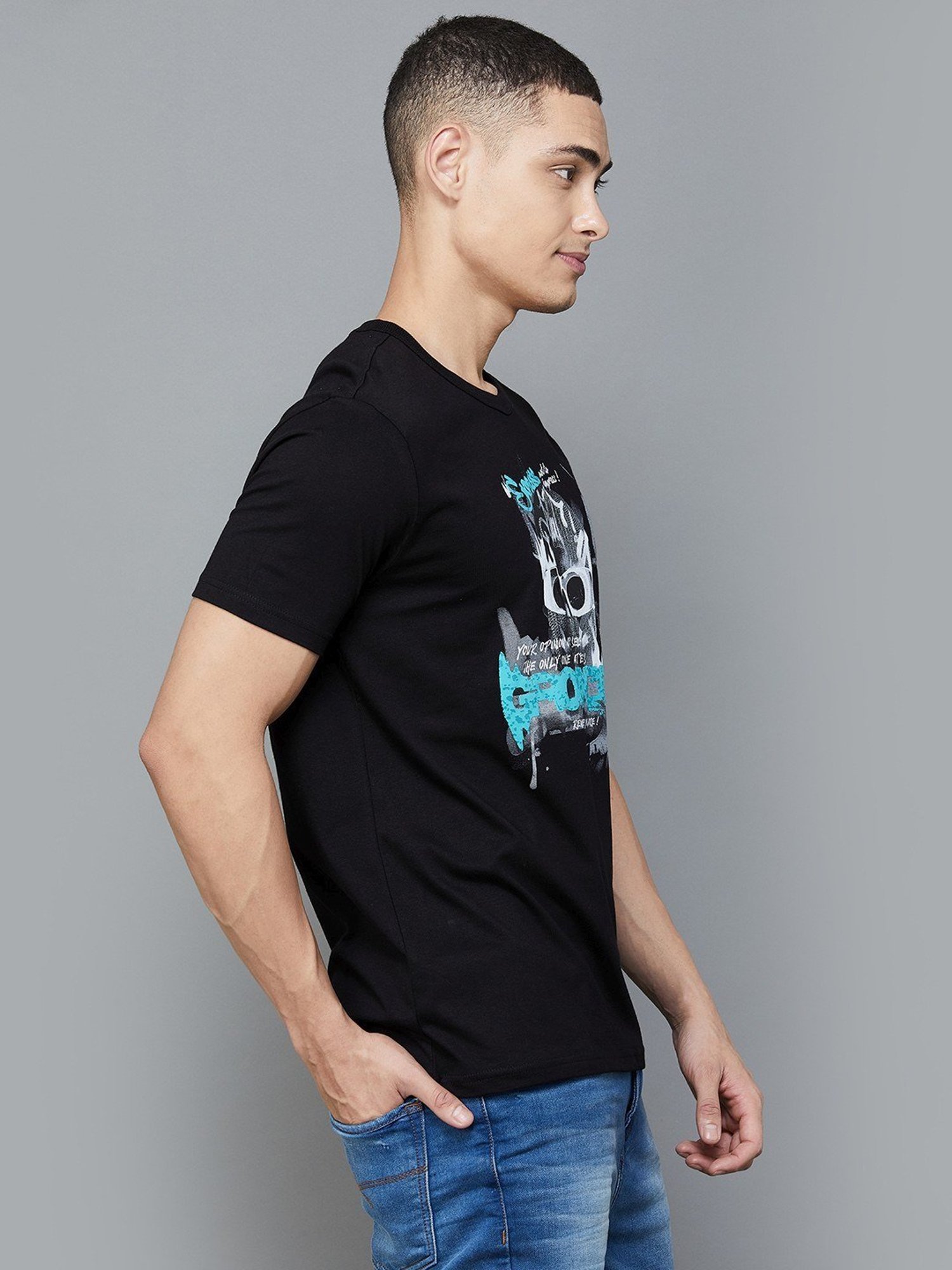 Forca by Lifestyle Black Regular Fit Printed T-Shirt