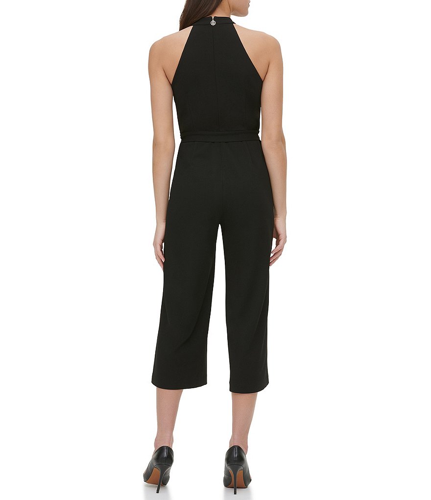 Tommy Hilfiger Sleeveless Halter Neck Tie Waist Scuba Crepe Cropped Jumpsuit