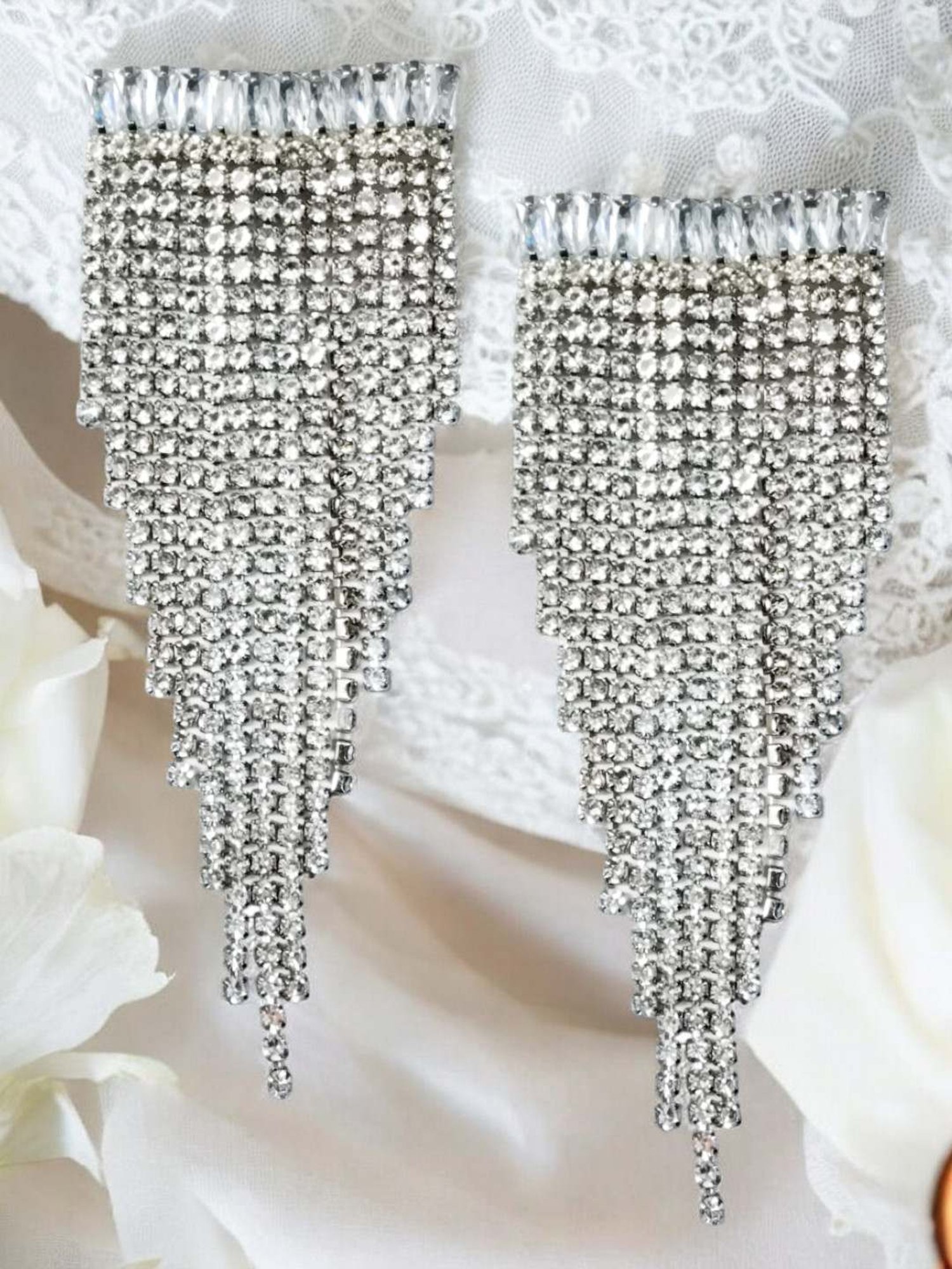 OOMPH Siver Crystal Rainfall Tassels Statement Dangler Earrings