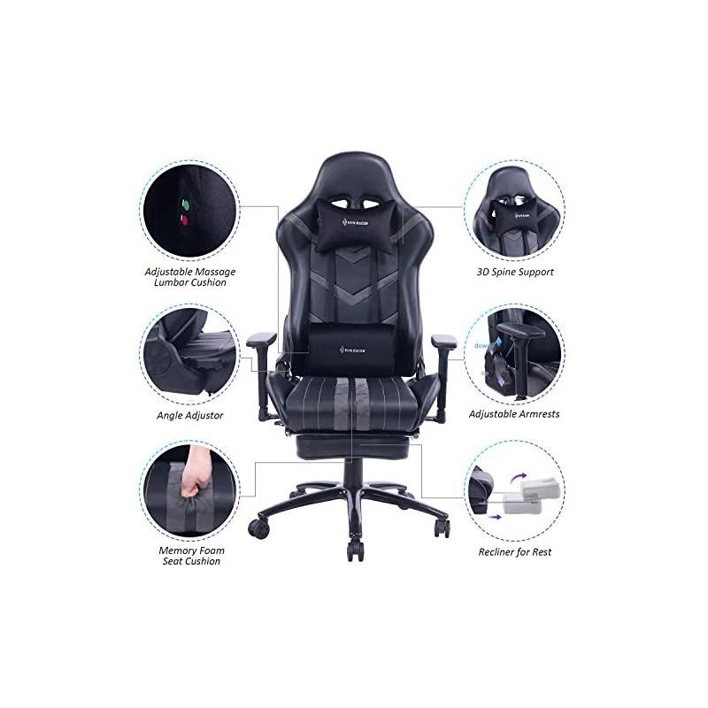 Massage Gaming Chair, High Back Racing PC Computer Desk Office Chair Swivel Ergonomic Executive Leather Chair with Footrest and Adjustable Armrests, Black