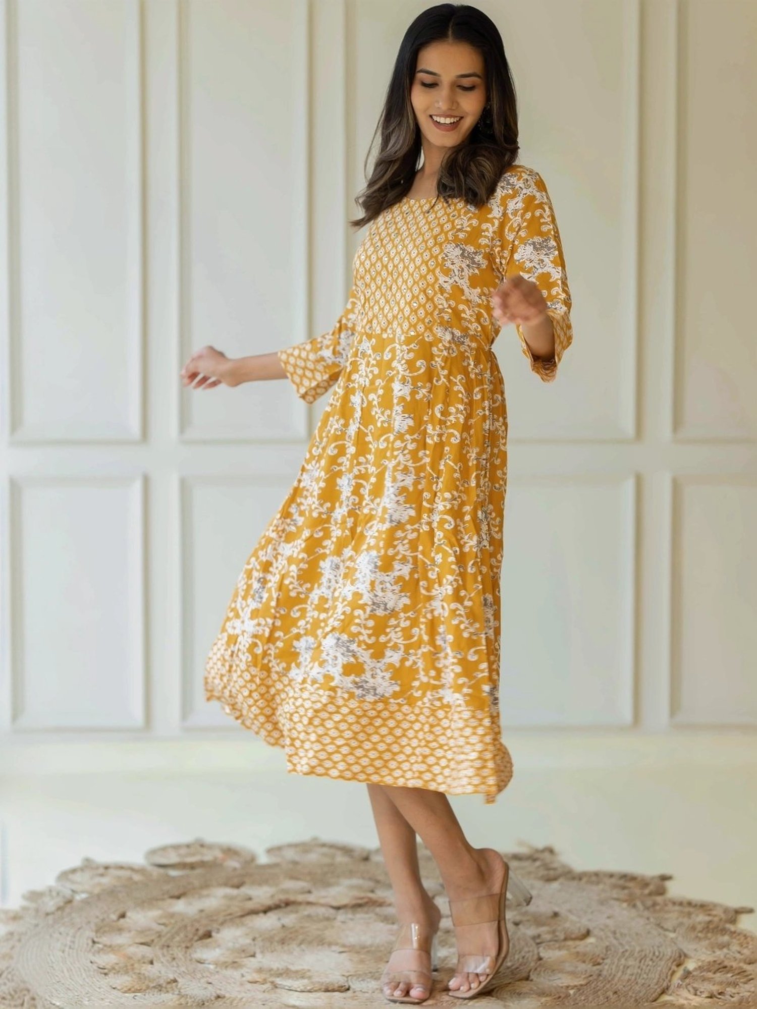 MIRCHI FASHION Yellow Cotton Printed A-Line Dress