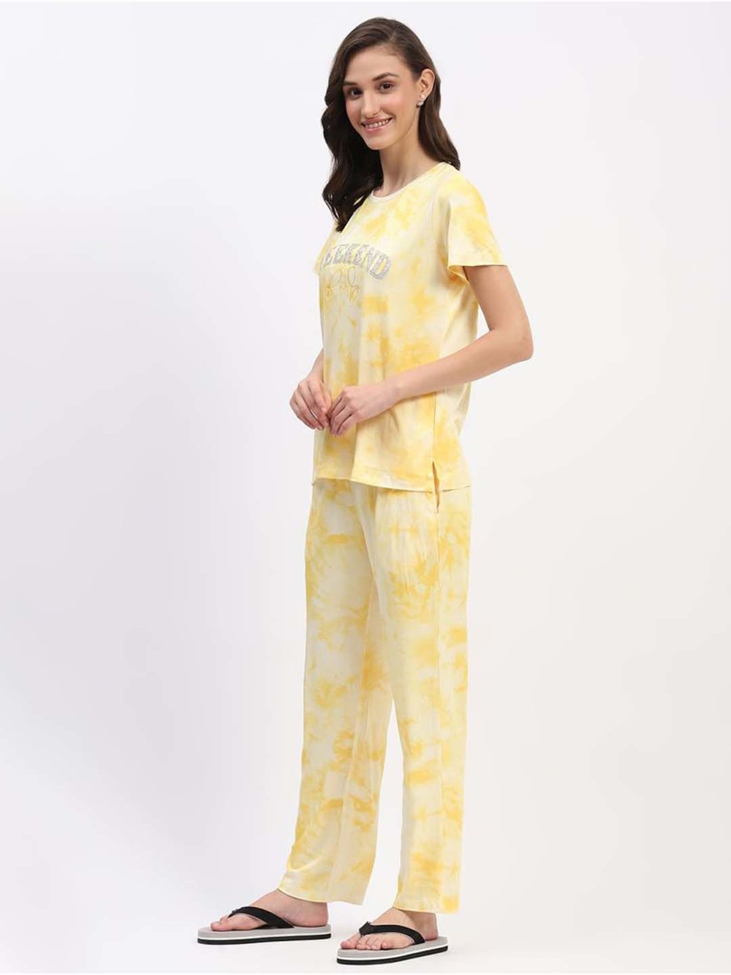 MADAME M Secret Yellow Printed T-Shirt Pyjamas Set