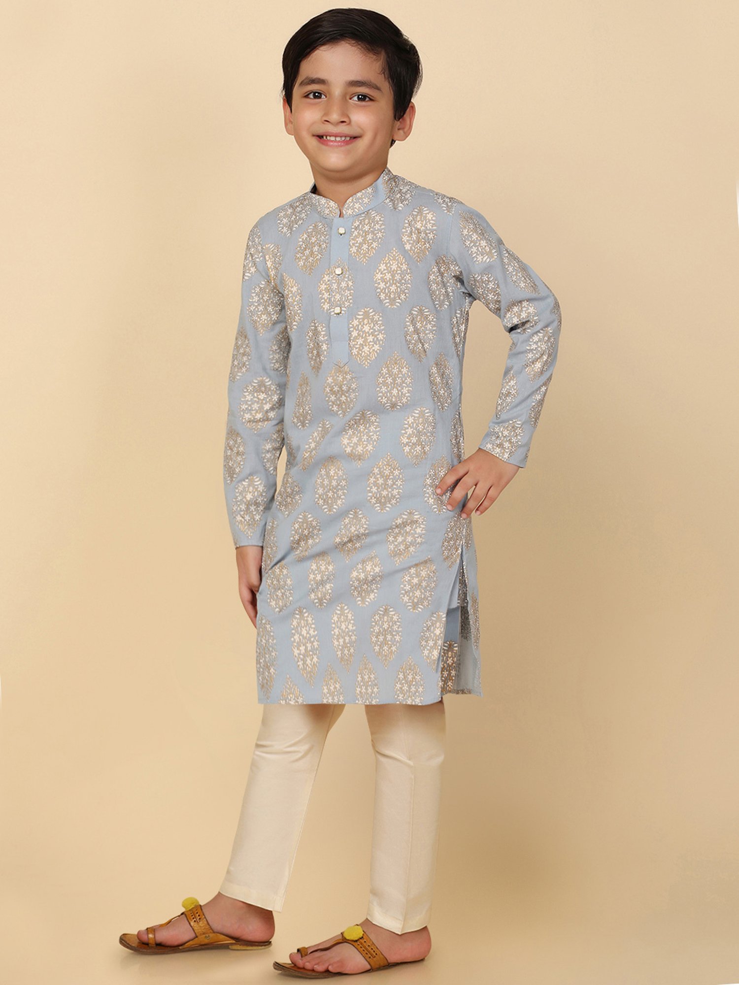 VASTRAMAY Boys Yellow & White Cotton Printed Full Sleeves Kurta Sets