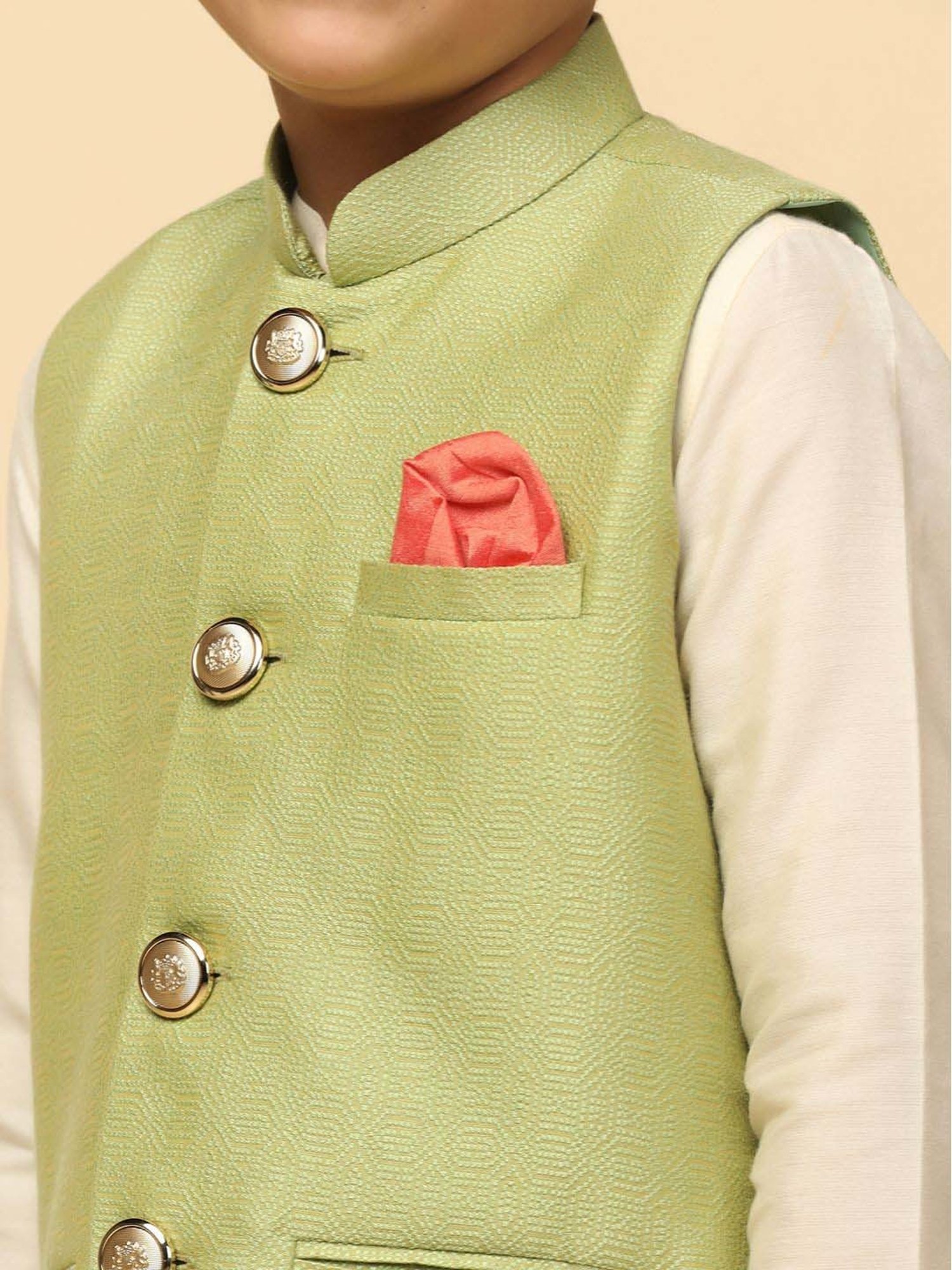 KISAH Kids Green & White Self Pattern Full Sleeves Kurta Set