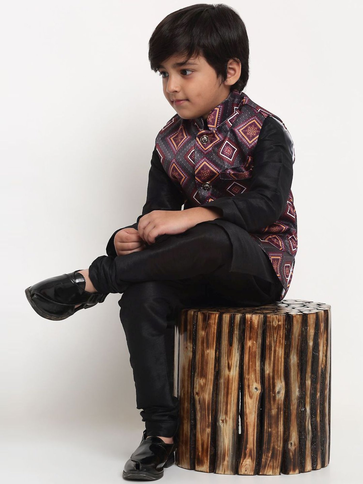 Benstoke Kids Purple & Grey Printed Nehru Jacket