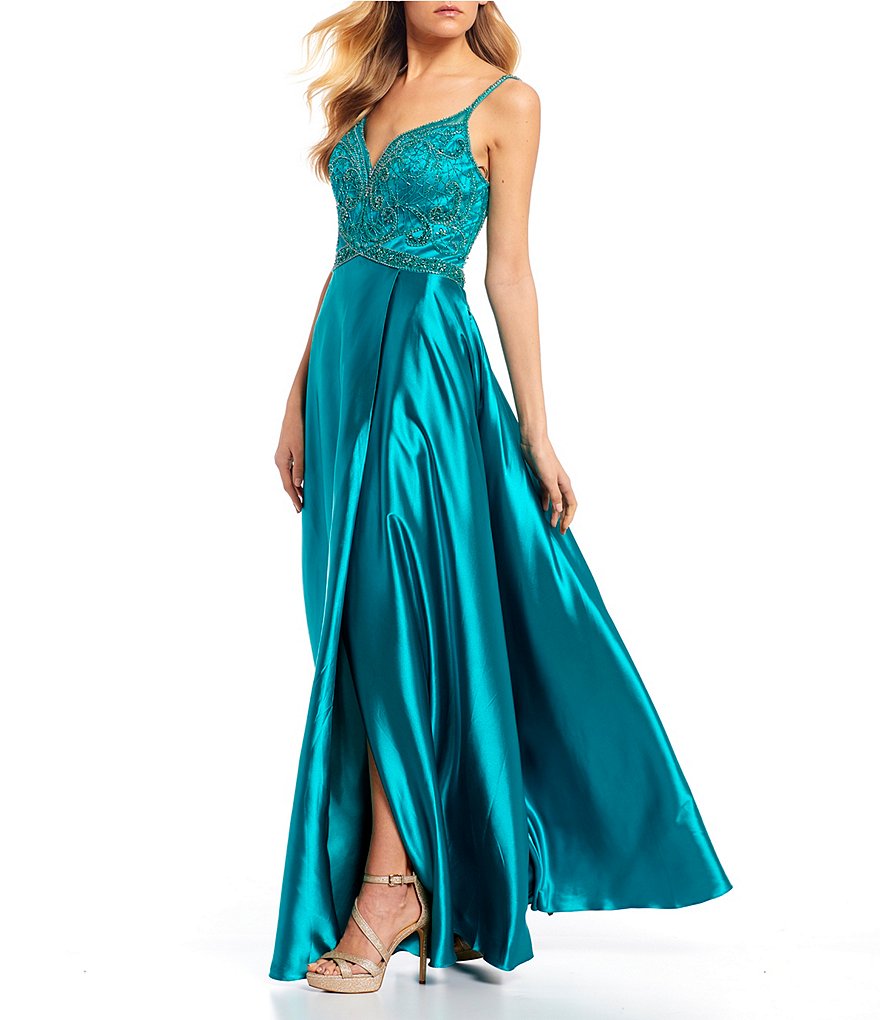 Coya Collection Spaghetti Strap V-Neck Beaded Cage-Back High Side Slit Satin Long Dress