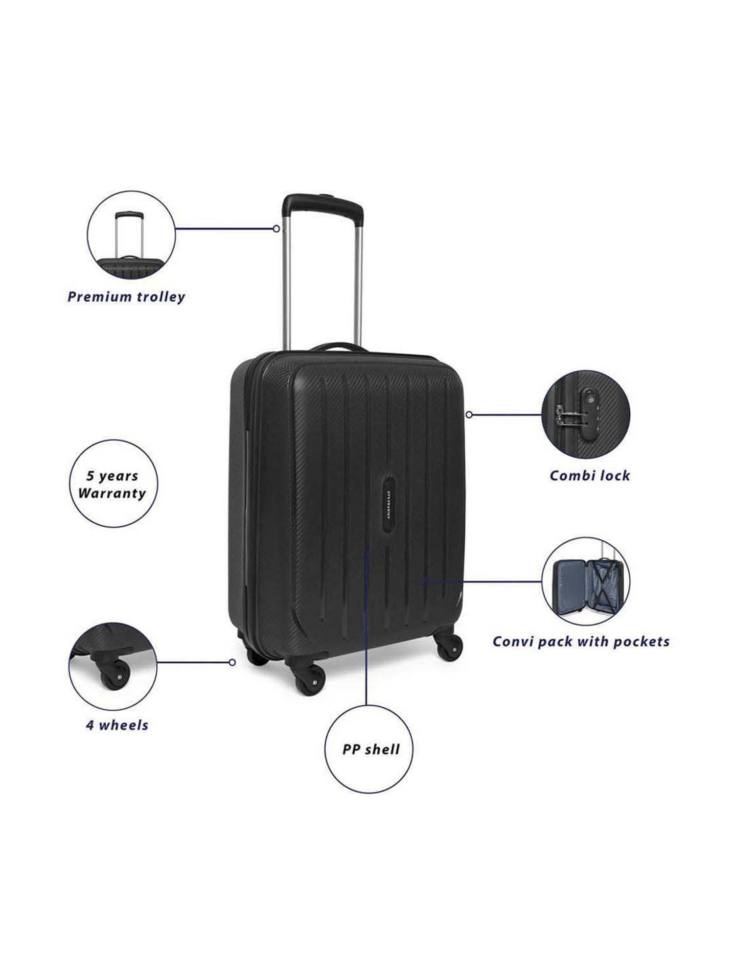 Aristocrat Black Pearl Black Solid Hard Cabin Trolley Bag - 49 cm