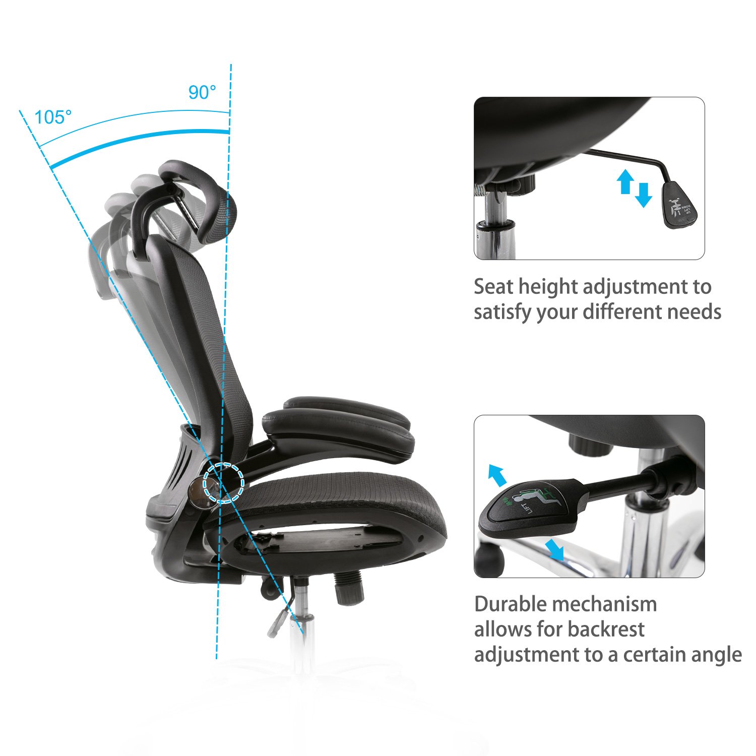 Adjustable office Chair Ergonomic Mesh Chair Computer Chair Home Executive Desk Chair Comfortable Reclining Swivel Chair High Back with Wheels and Adjustable Headrest Black