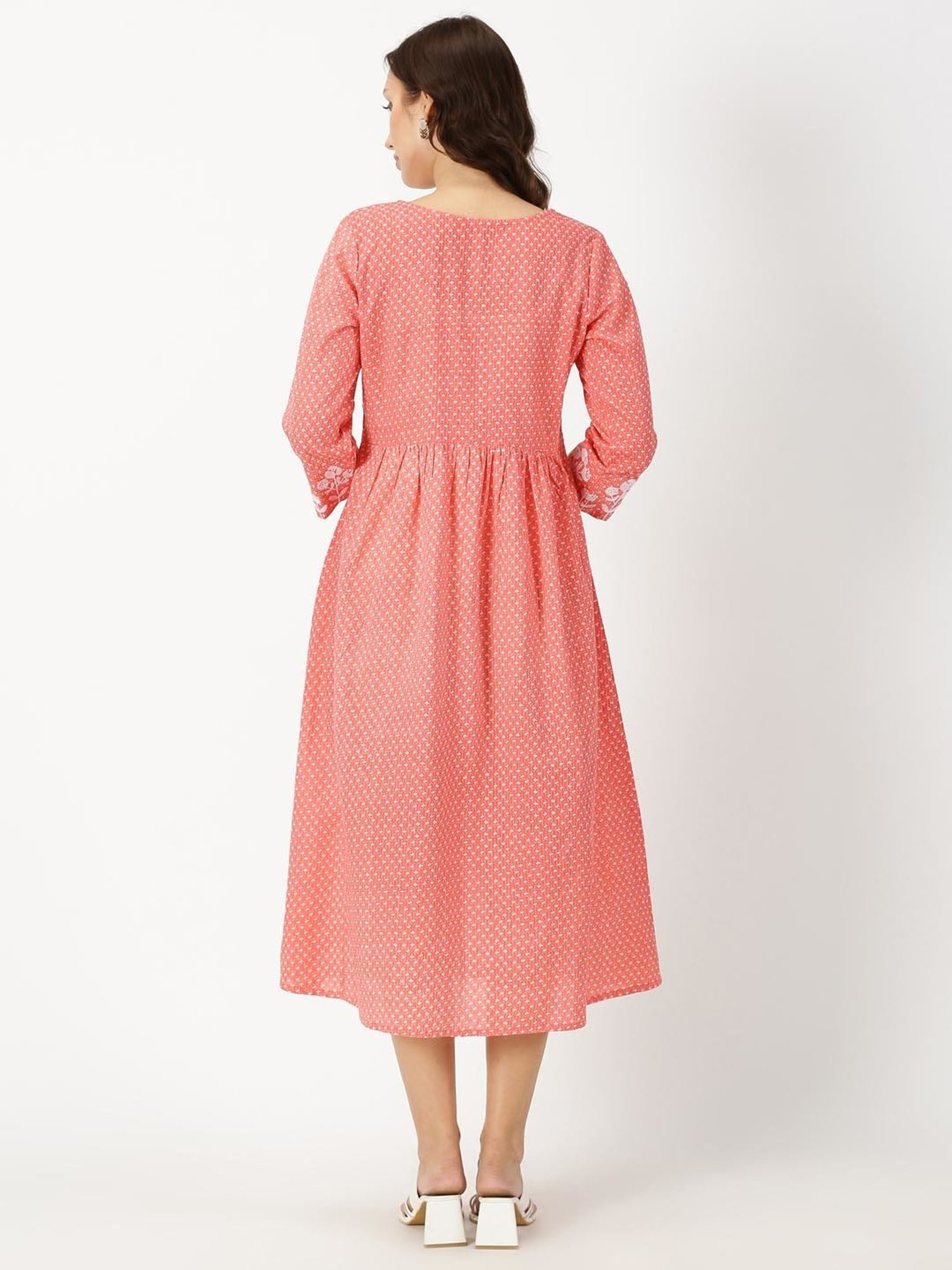 Saffron Threads Coral Cotton Floral Print Ethnic Dress