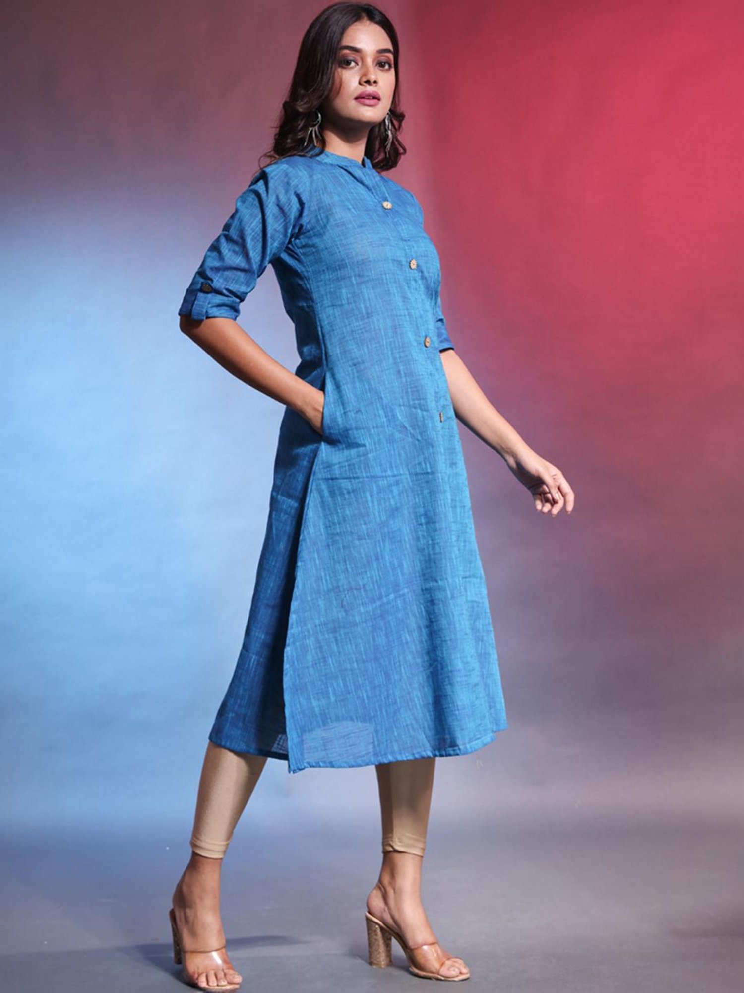 CHARUKRITI Blue Cotton Woven Pattern A Line Kurta