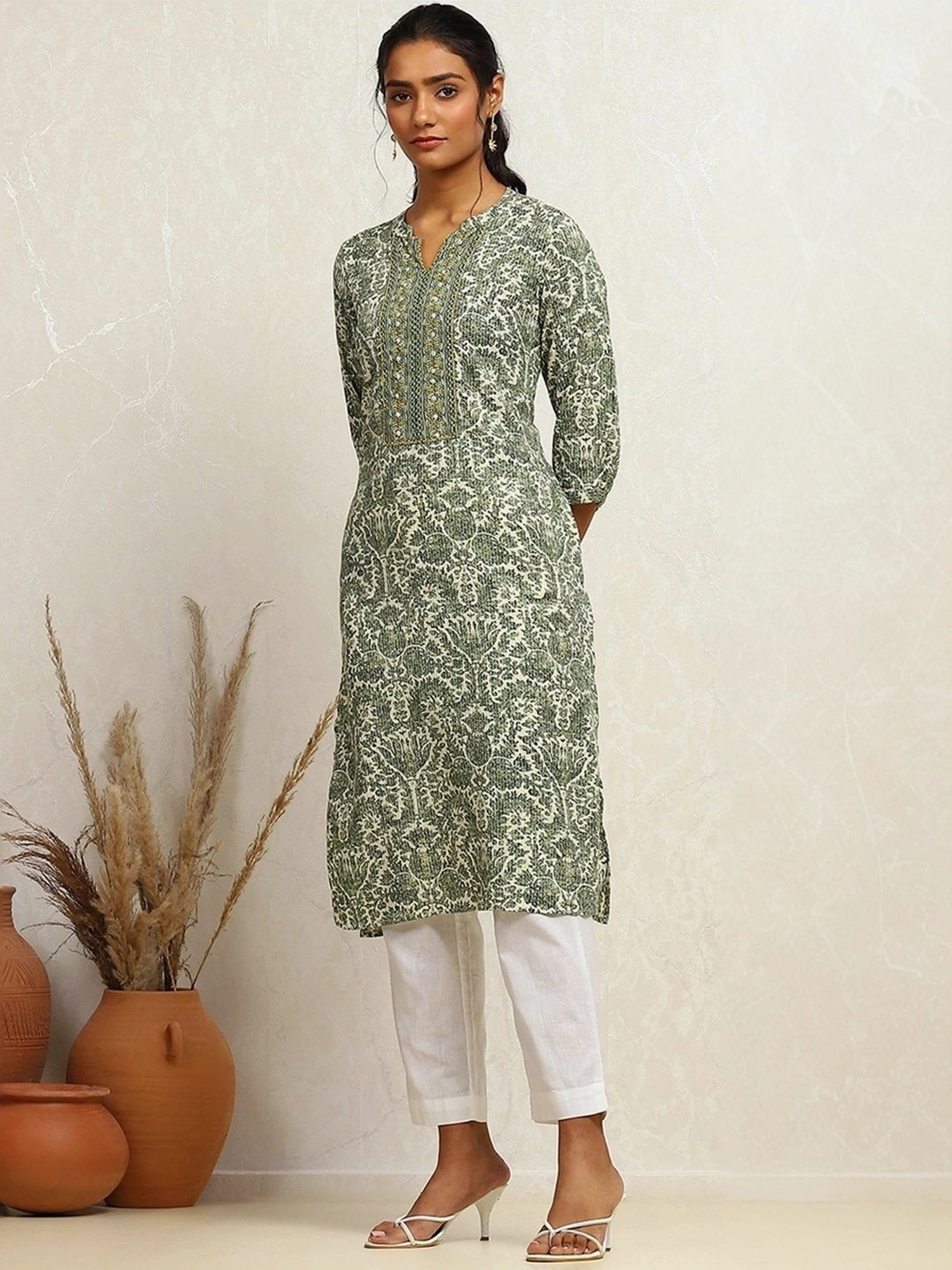 Biba Green Cotton Printed Straight Kurta
