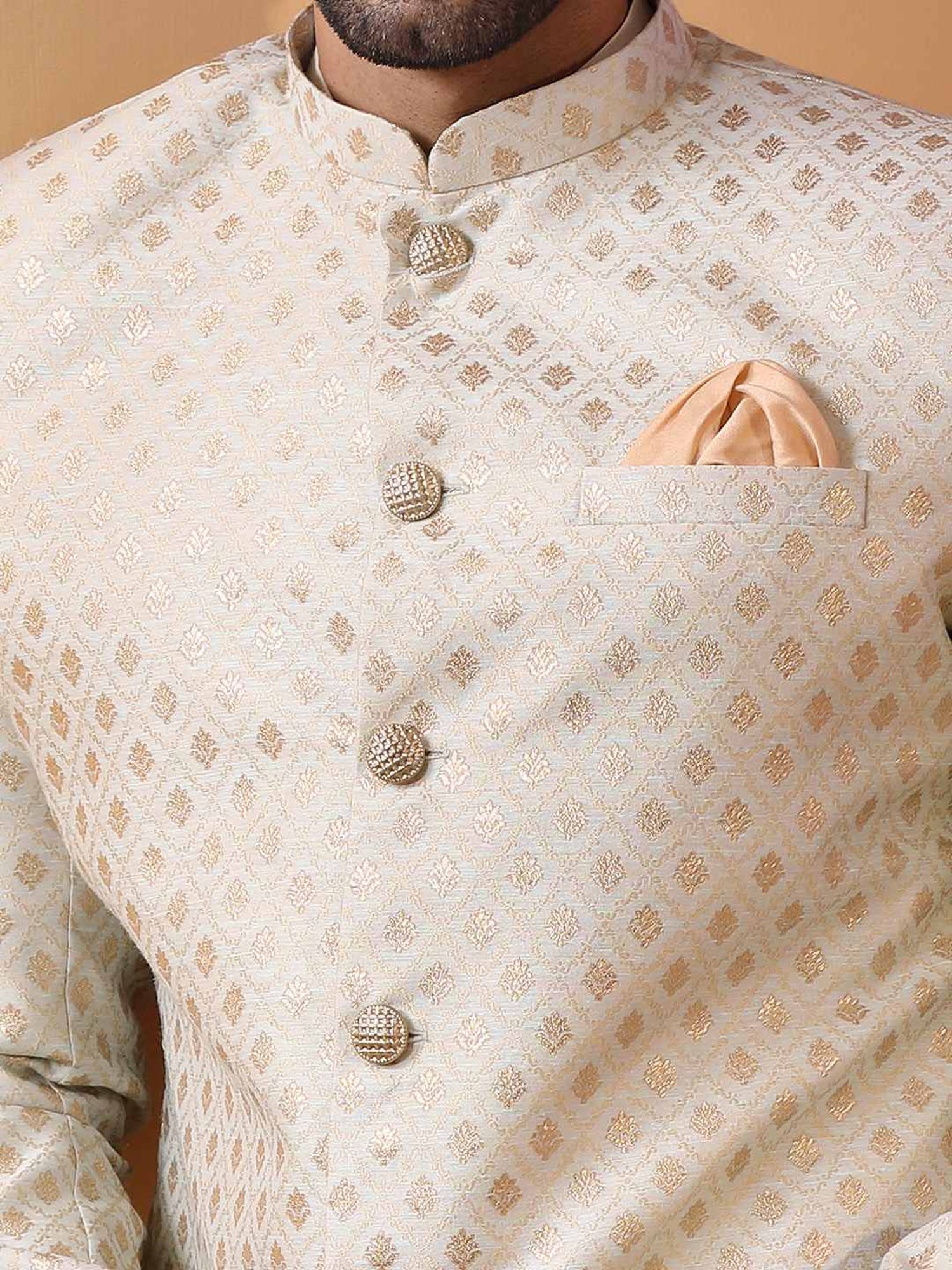 Kisah Beige Regular Fit Jacquard Sherwani Set