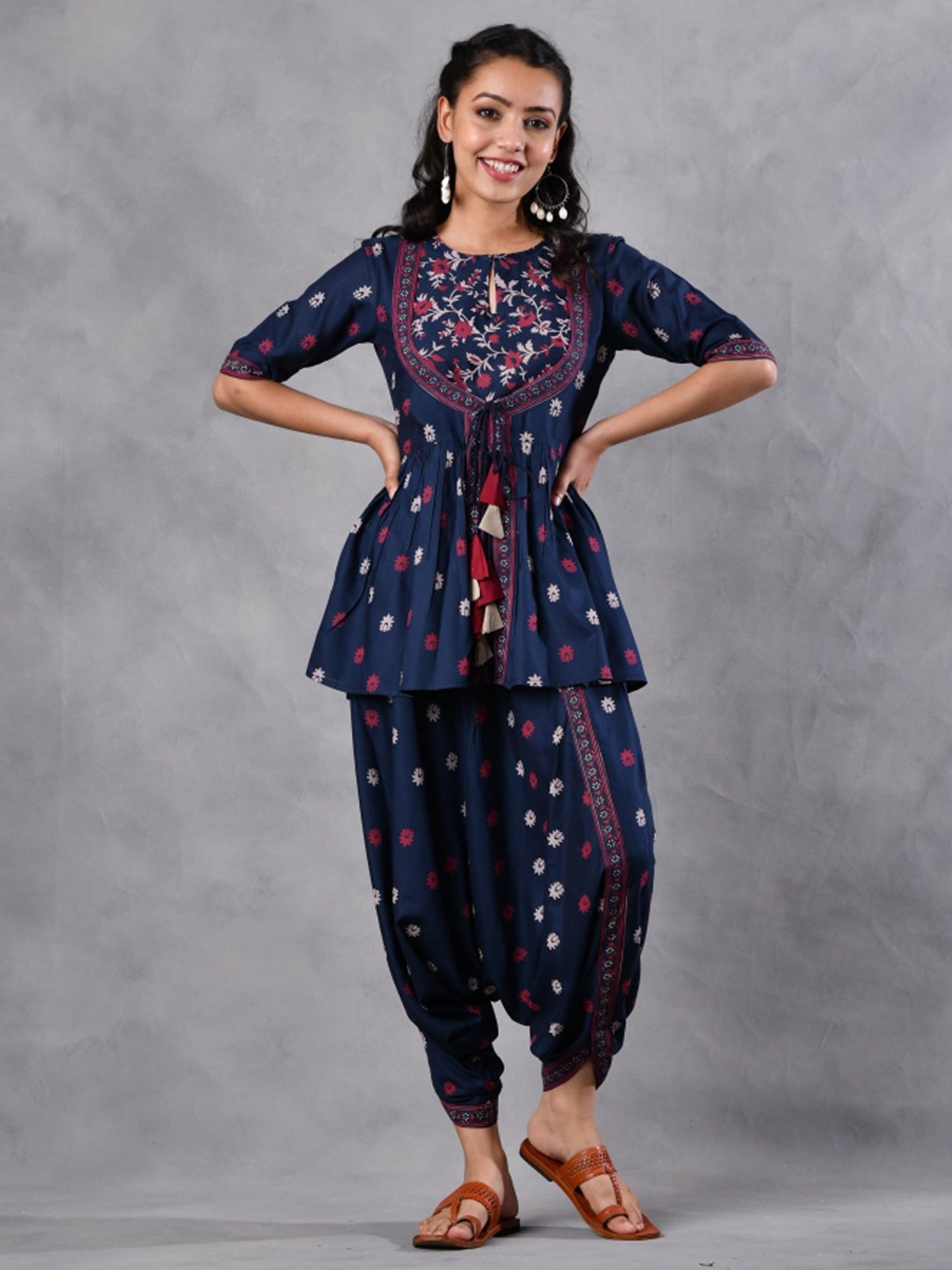 Rustorange Blue Printed Tunic Dhoti Set