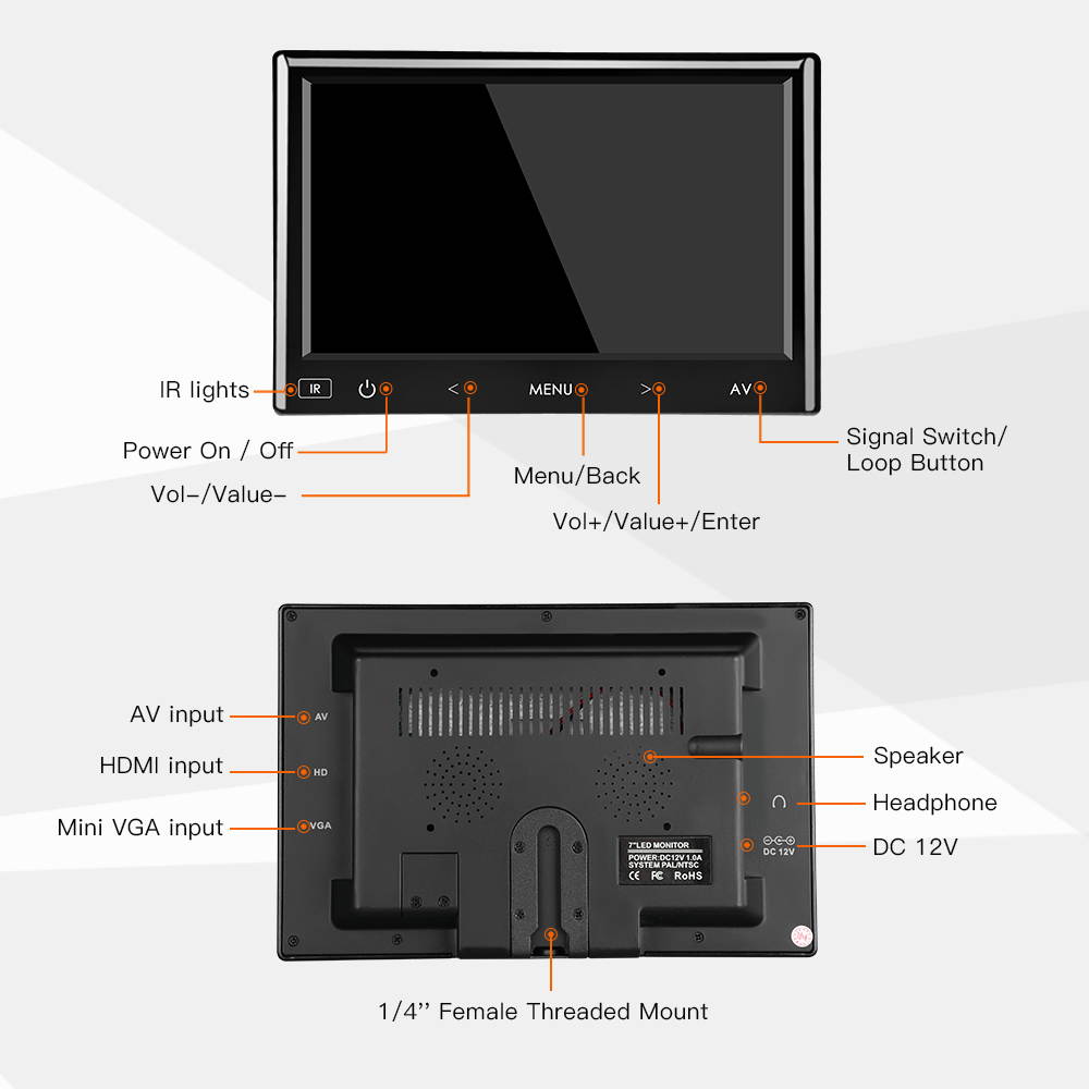 9''LCD TFT Monitor 140&deg; for Car Office Home Security HDMI VGA with Remote Control