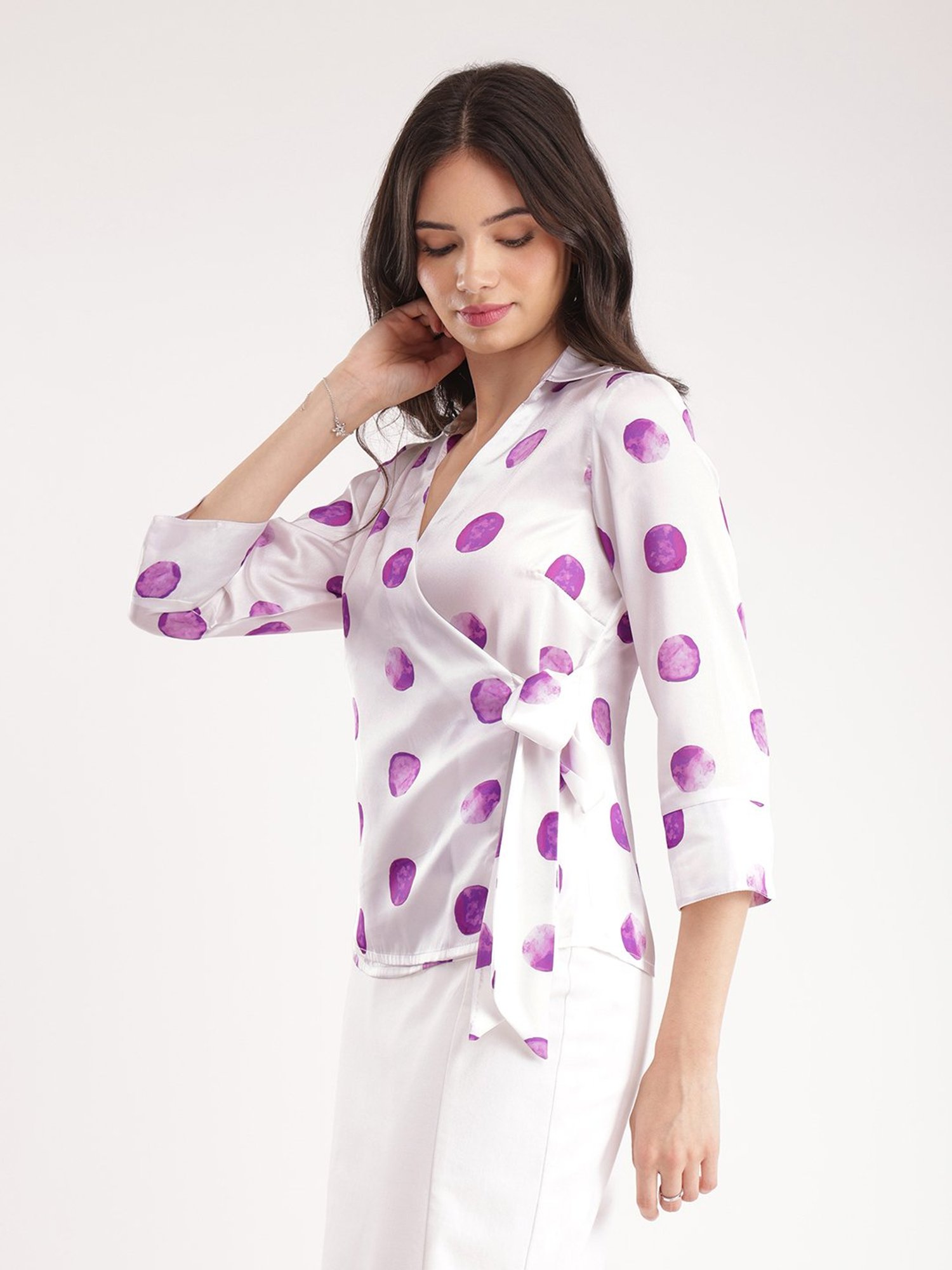 Fablestreet White & Purple Polka Dot Top