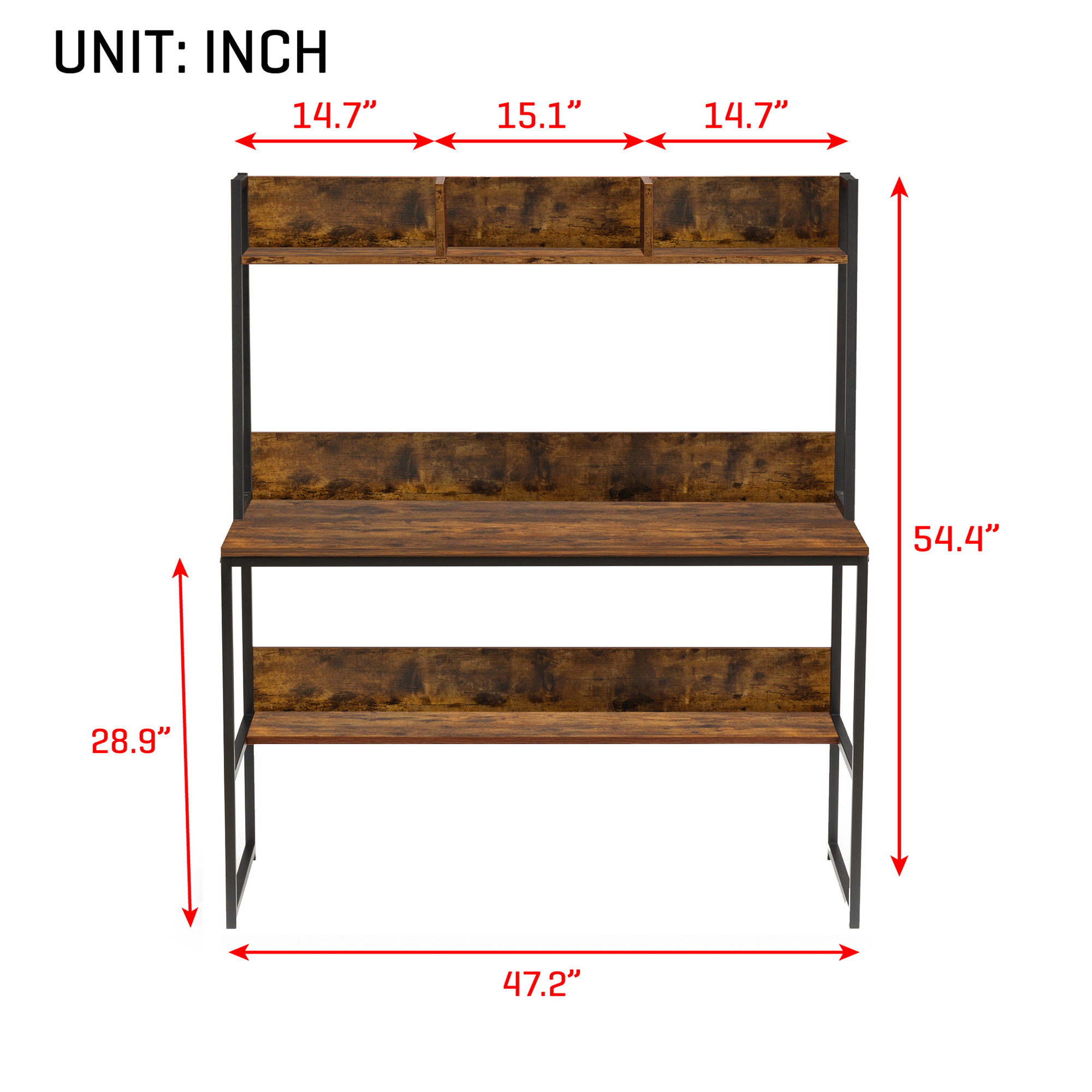 47 inch Computer Desk Office Writing Desk Workstation Desk Gaming Desk with Bookshelf Desktop Display Shelves Bottom Storage Shelves for Home Office Small Space