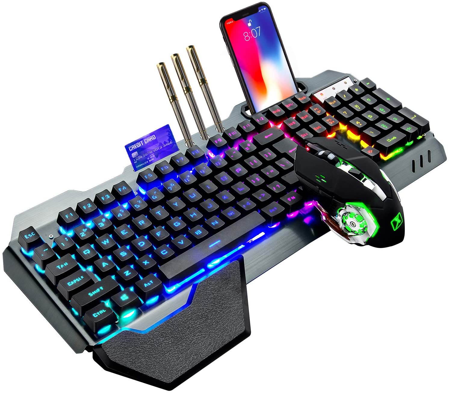 Wireless Gaming Keyboard and Mouse,Rainbow Backlit Rechargeable Keyboard Mouse with 3800mAh Battery Metal Panel,Removable Hand Rest Mechanical Feel Keyboard and 7 Color Gaming Mute Mouse for PC Gamers