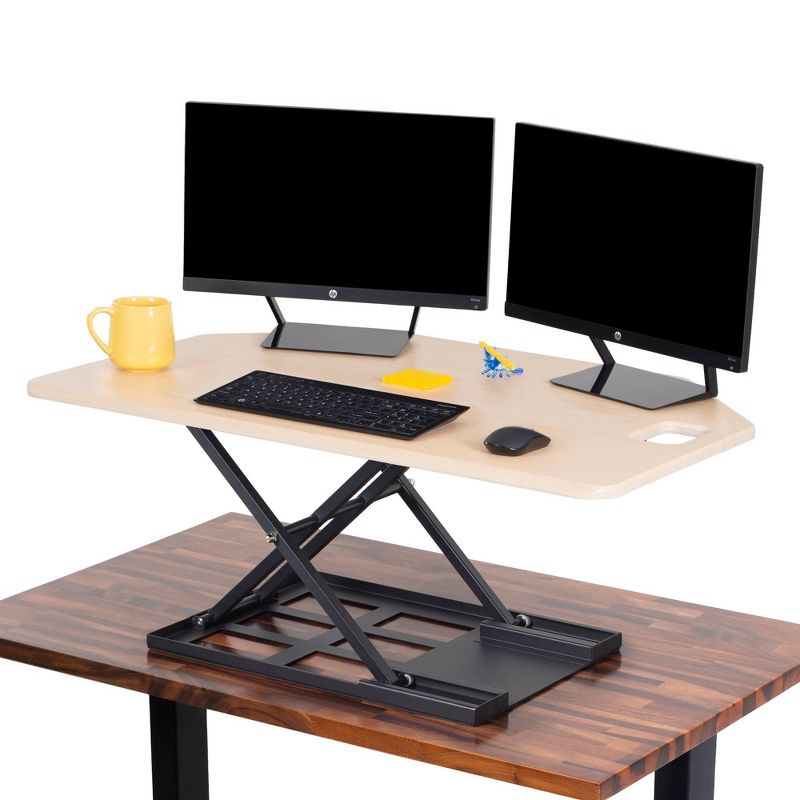 X-Elite Premier Corner Standing Desk Converter with Pneumatic Height Adjustment - Maple - Stand Steady