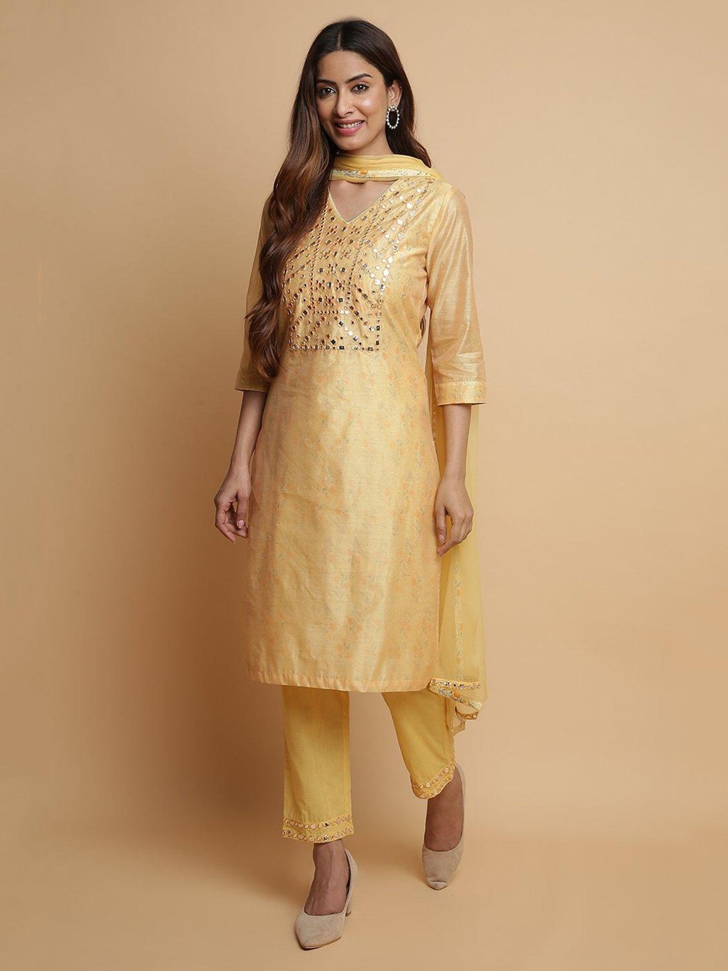 Biba Yellow Embellished Kurta With Pant & Dupatta