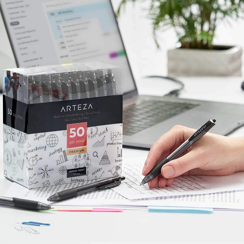 Arteza Retractable Gel Ink Pens Set, Black - Doodle, Draw, Journal - 50 Pack (ARTZ-9220)