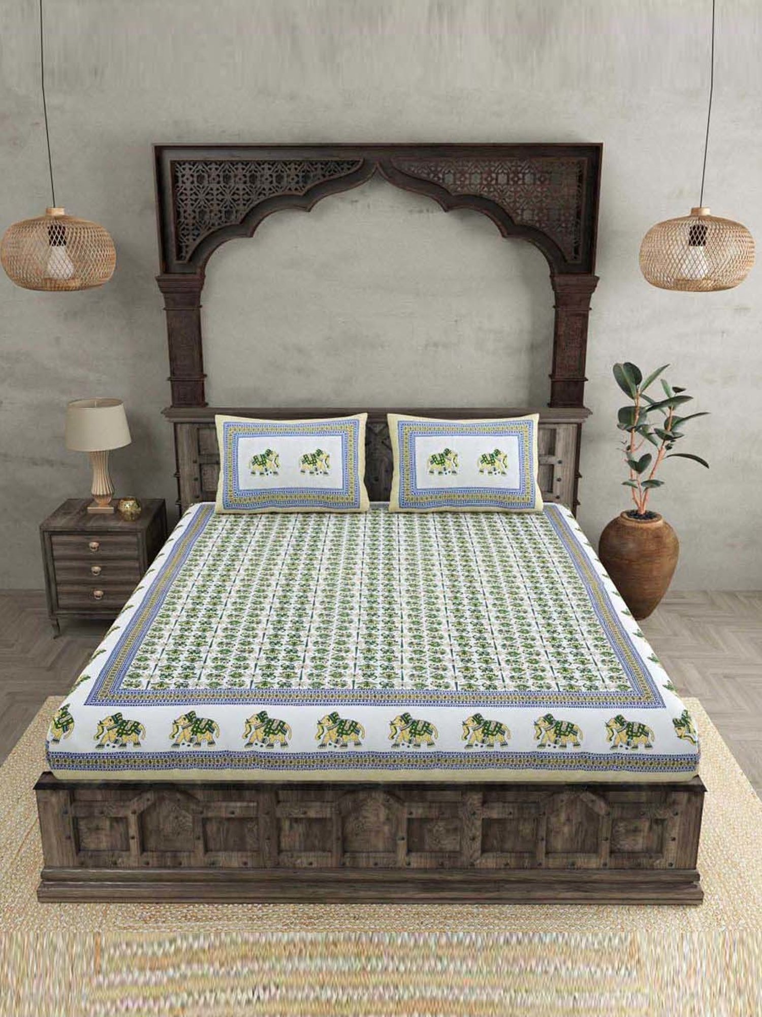 JaipurFabric Sea Green Cotton 180 TC Double Bedsheet with 2 Pillow Covers