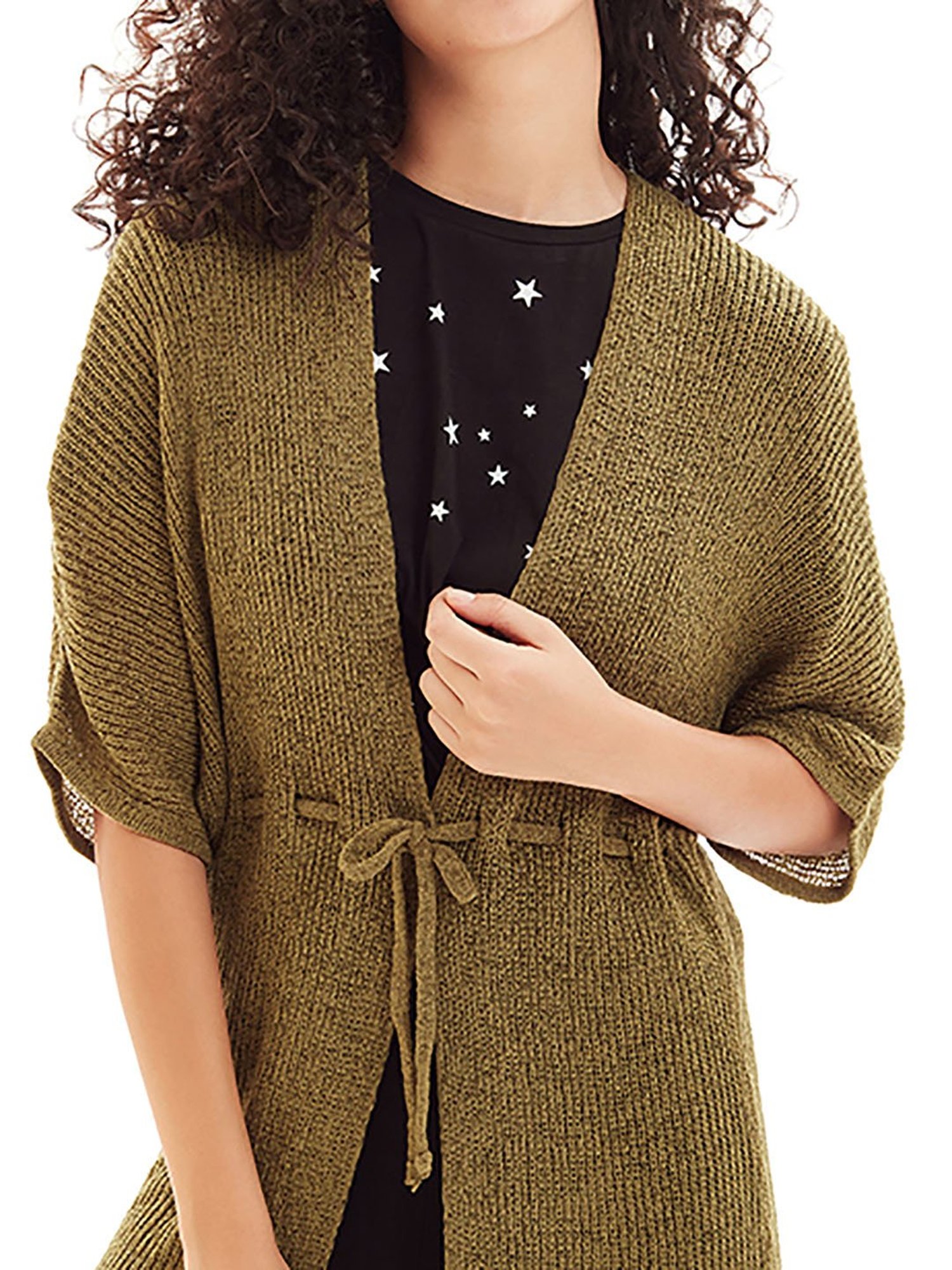 Cover Story Olive Self Design Long Shrug