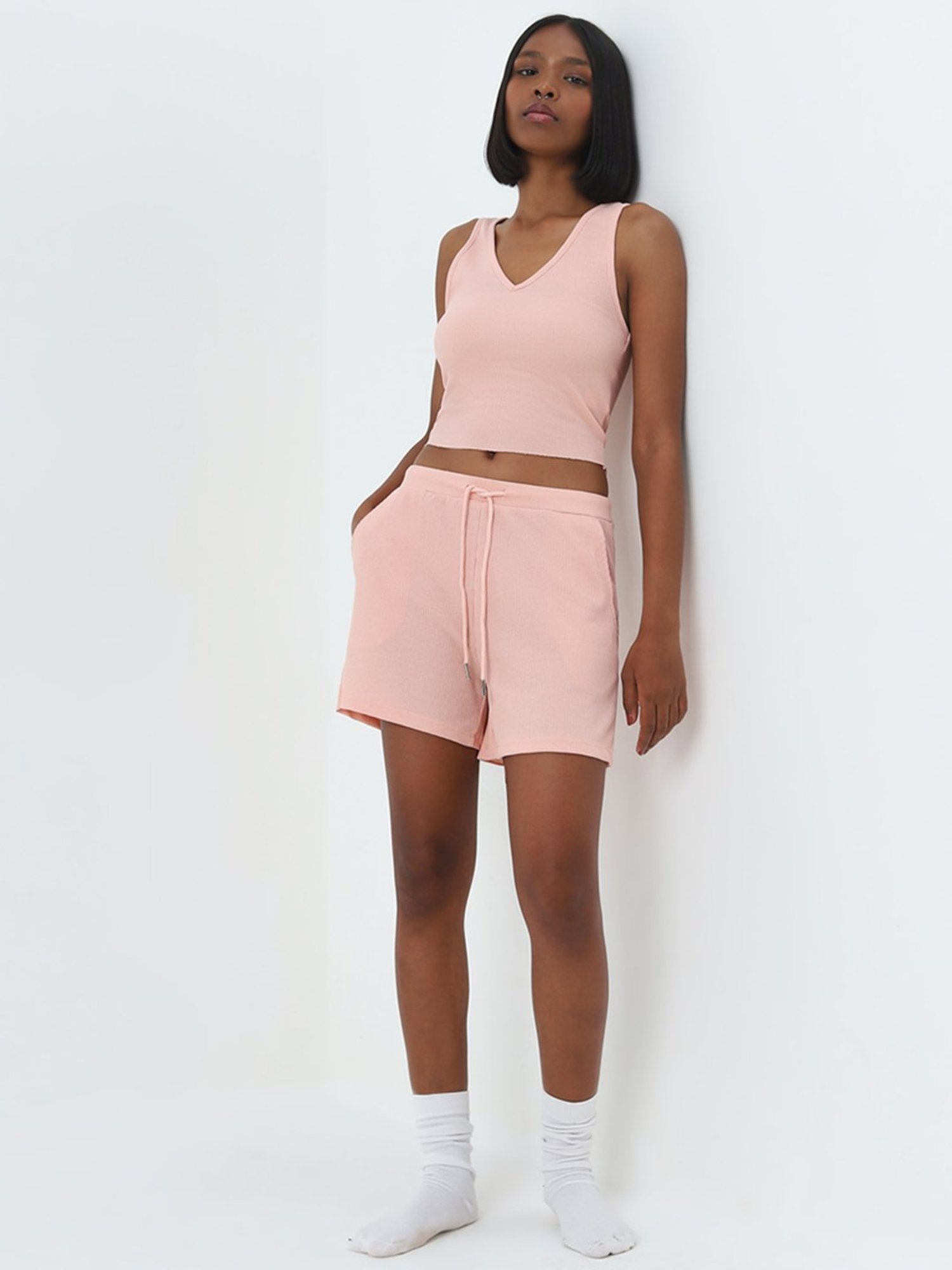 Superstar by Westside Peach Waffle Textured High-Rise Shorts