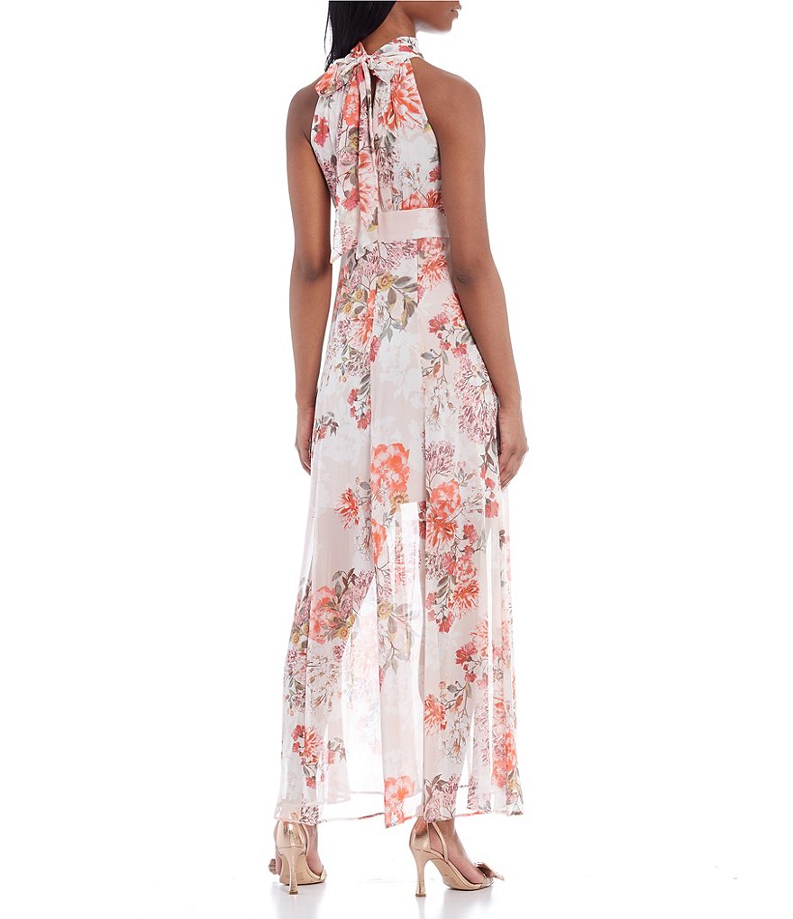 Eliza J Floral Chiffon Halter Sleeveless Midi Dress