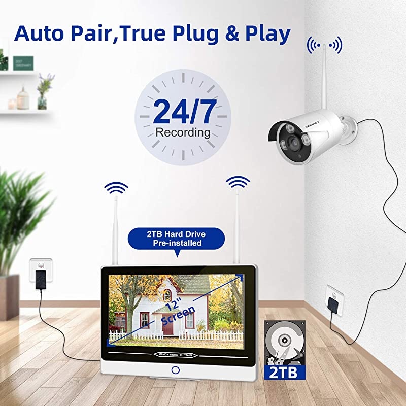 8CH Expandable? All in One with 12" LCD Monitor 1080P Wireless Security Camera System 2TB Hard Drive,  Indoor Outdoor Home Business CCTV Surveillance Systems,4pcs 2.0MP Bullet IP Cameras,IP66