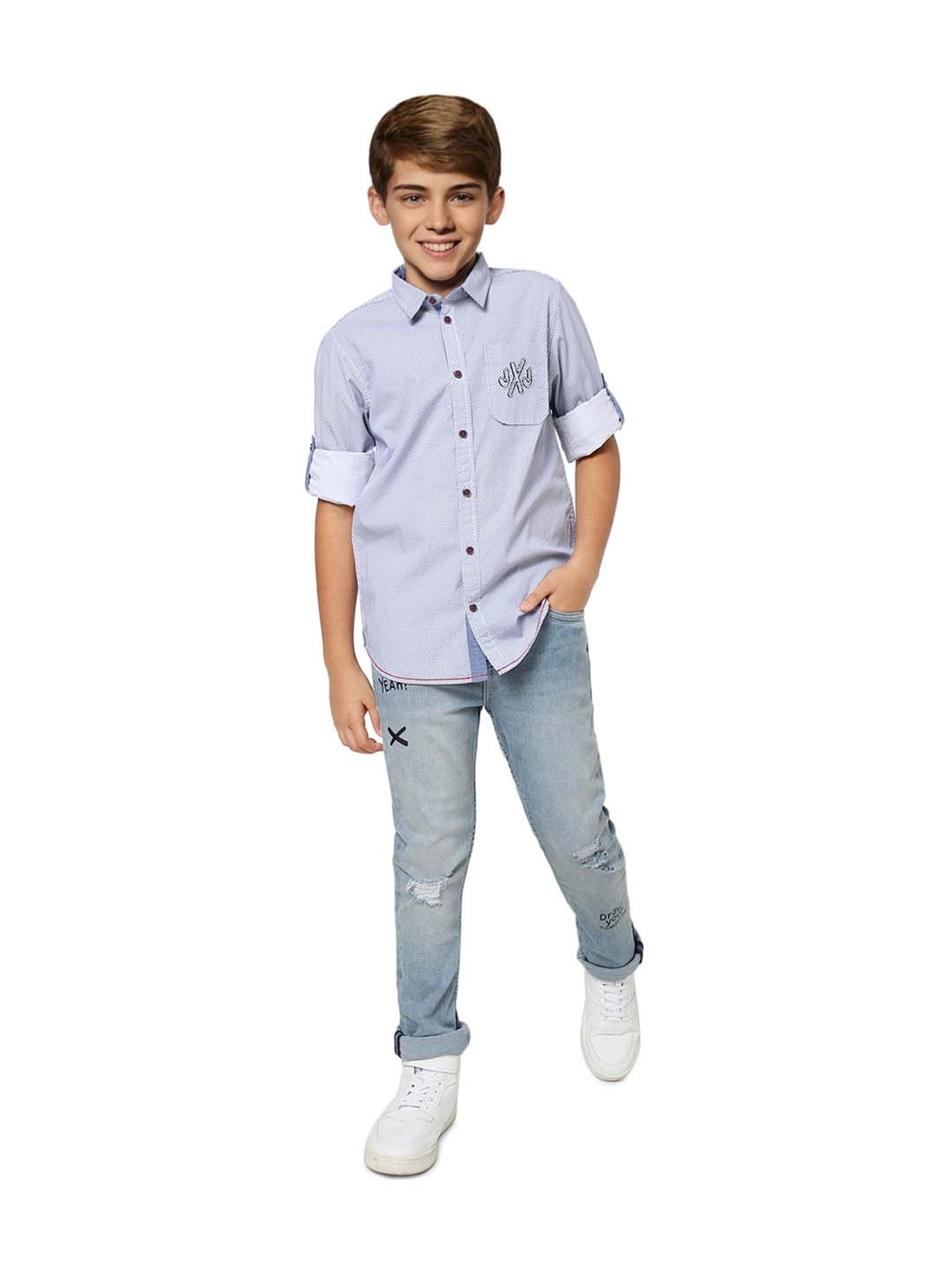 Jack & Jones Junior Boys Blue Cotton Printed Shirt