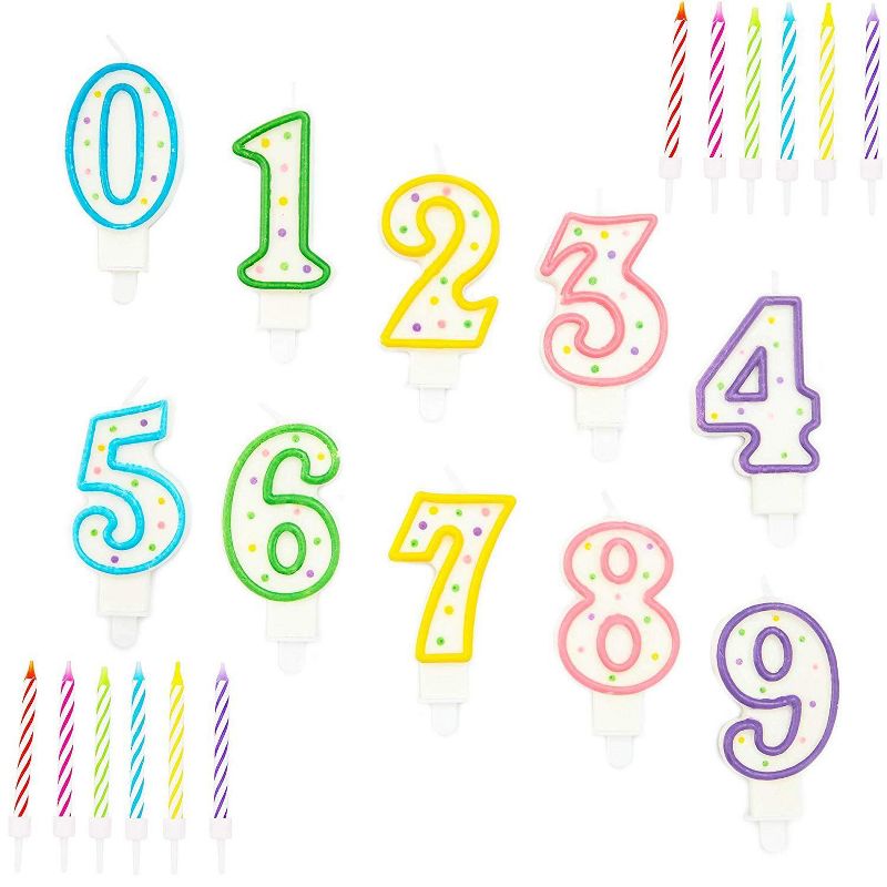 Blue Panda 154-Piece Numbers 0-9 and Rainbow Stripes Birthday Cake Topper Candles with Holders for Party Decor