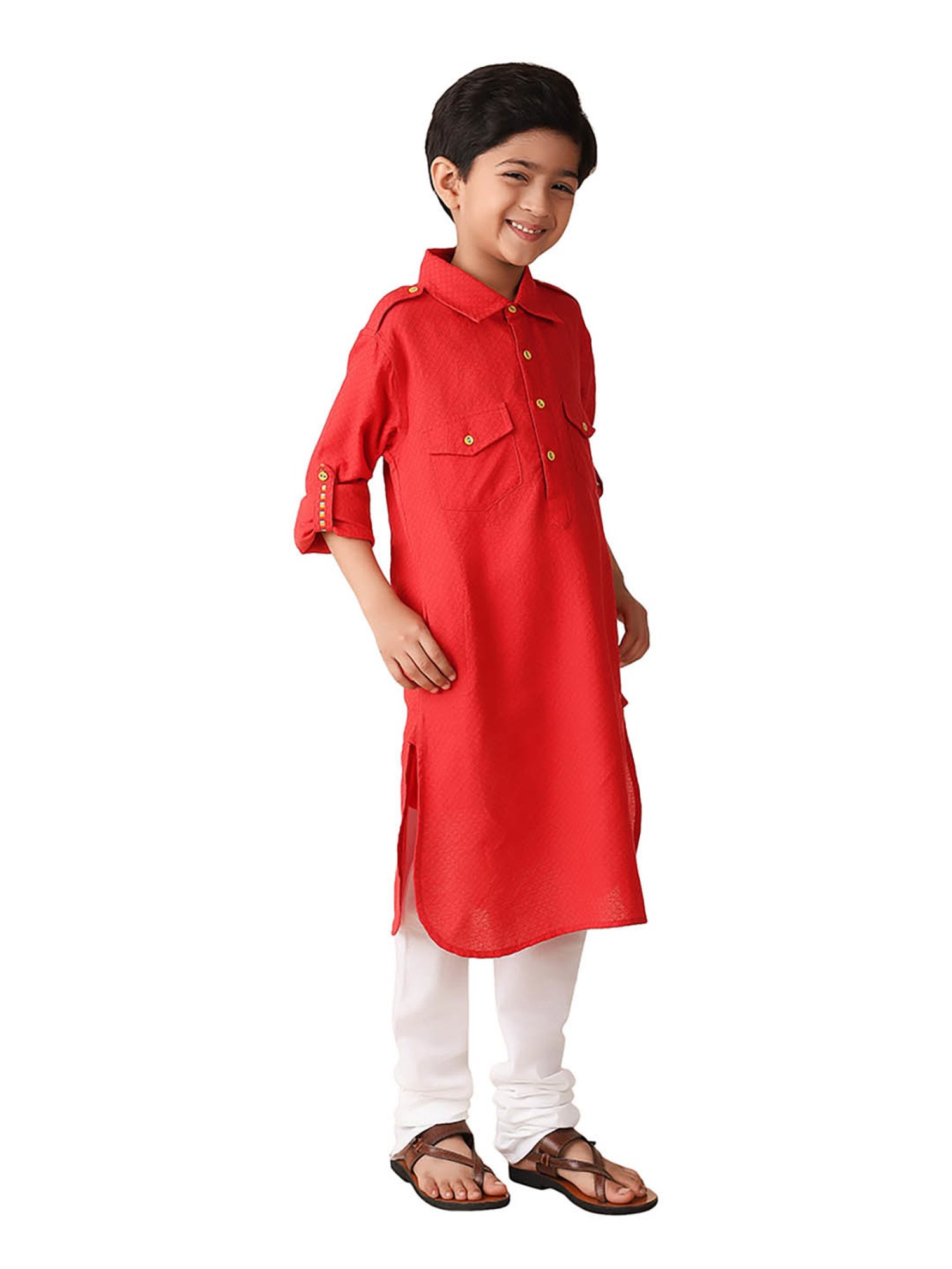 Fabindia Kids Red Solid Full Sleeves Kurta