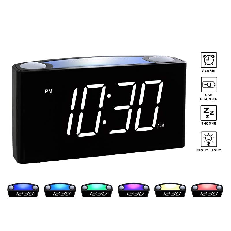 Digital Alarm Clock for Bedrooms Large 65quot LED Display with Dimmer Snooze 7 Color Night Light Easy to Set USB Chargers Battery Backup 1224 Hours for Heavy Sleepers Kids Desk Elderly