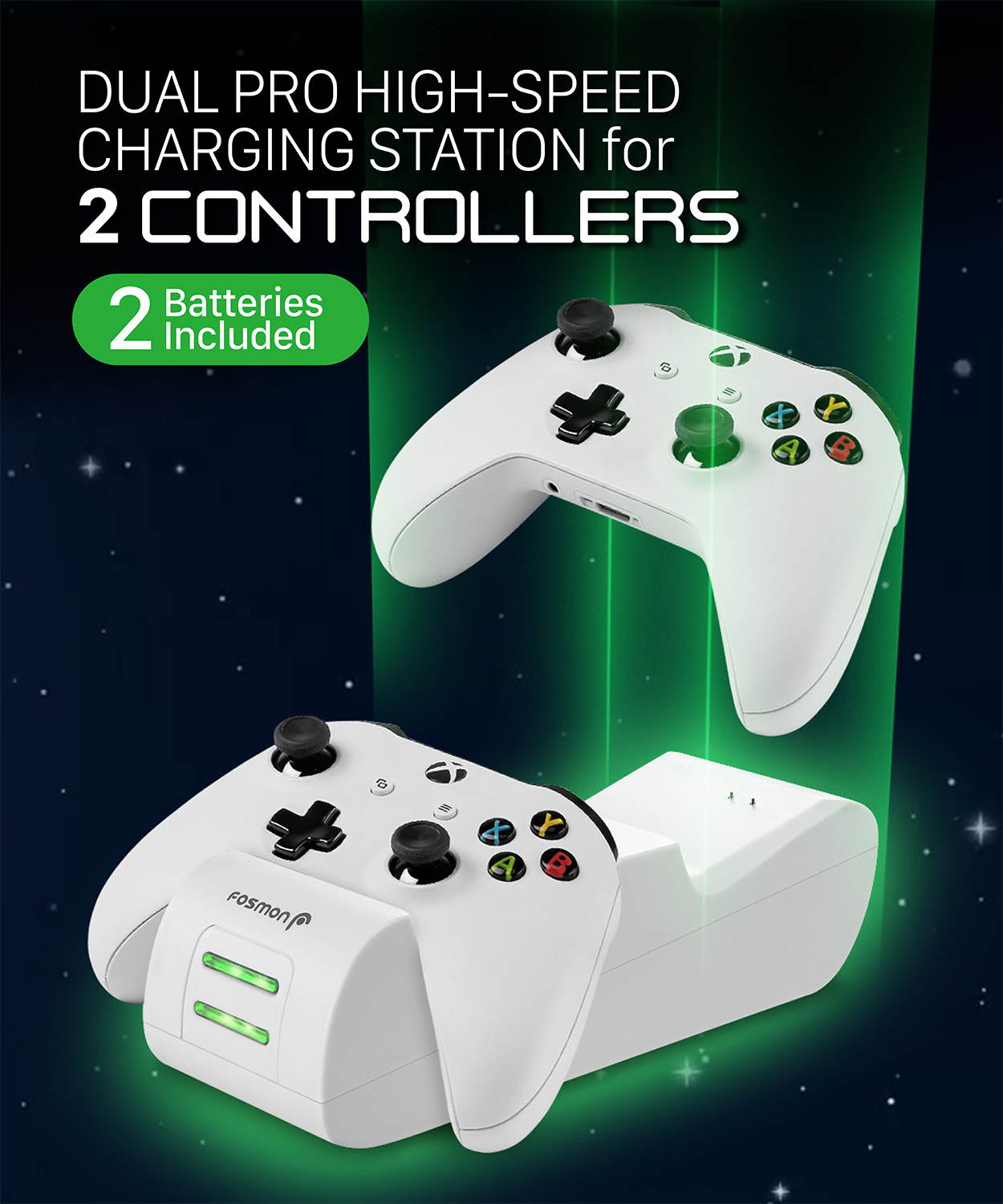 Fosmon Xbox One / One X / One S Controller Charger, [Dual Slot] High Speed Docking / Charging Station with 2 x 1000mAh Rechargeable Battery Packs (Not for Elite Controller) - White