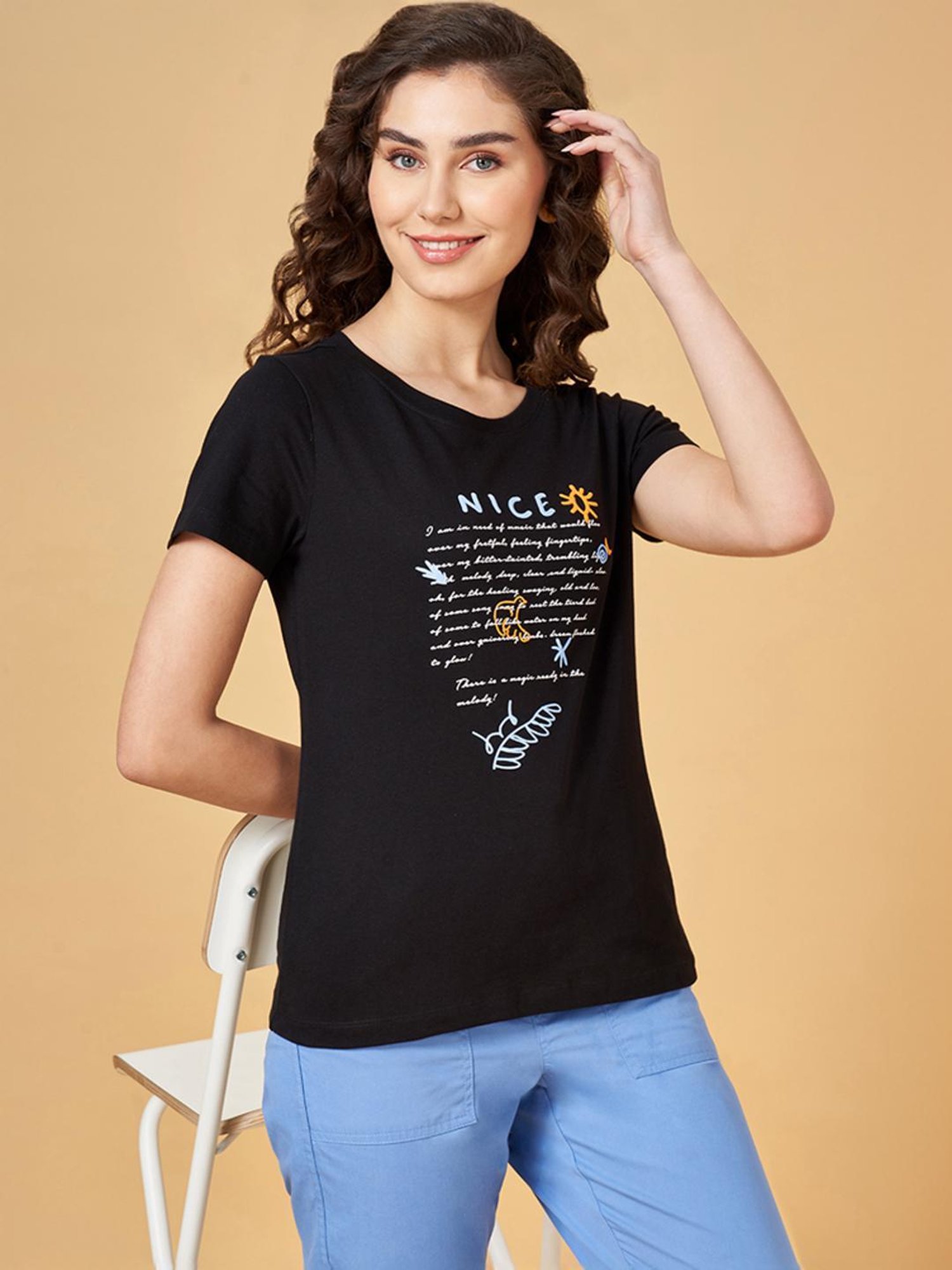 Honey by Pantaloons Black Cotton Printed T-Shirt