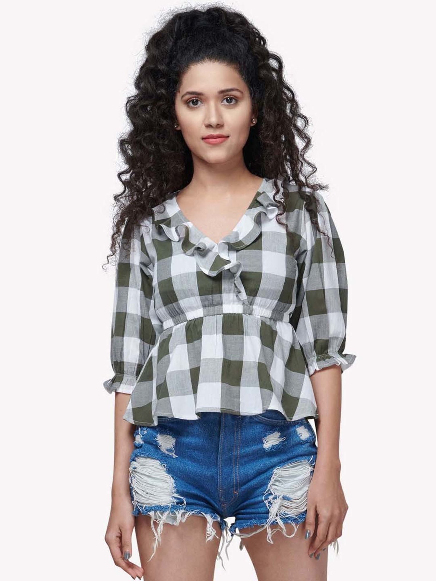 VASTRADO Green Cotton Chequered Top