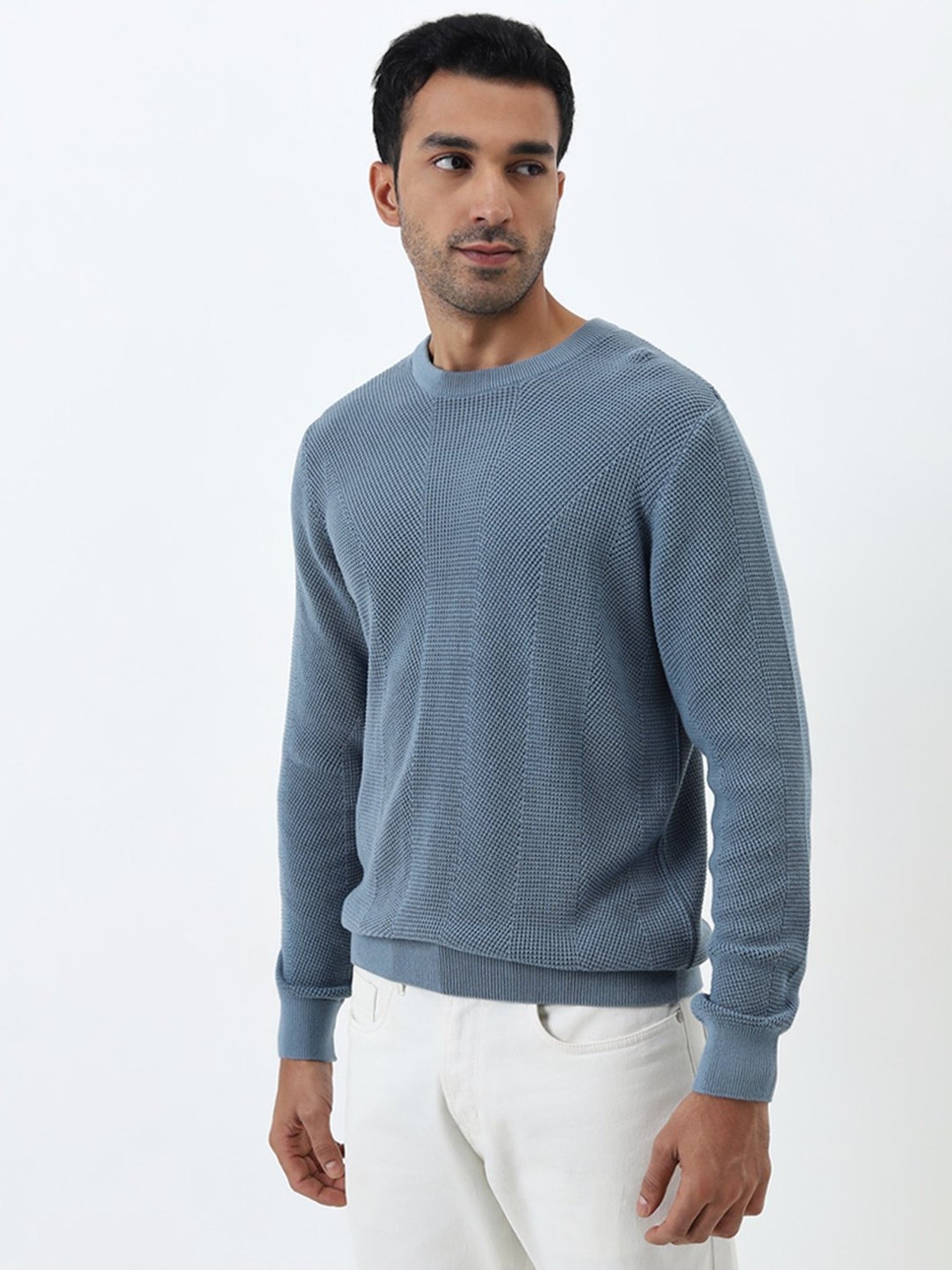 Ascot by Westside Dusty Blue Knitted Relaxed-Fit Cotton Sweater