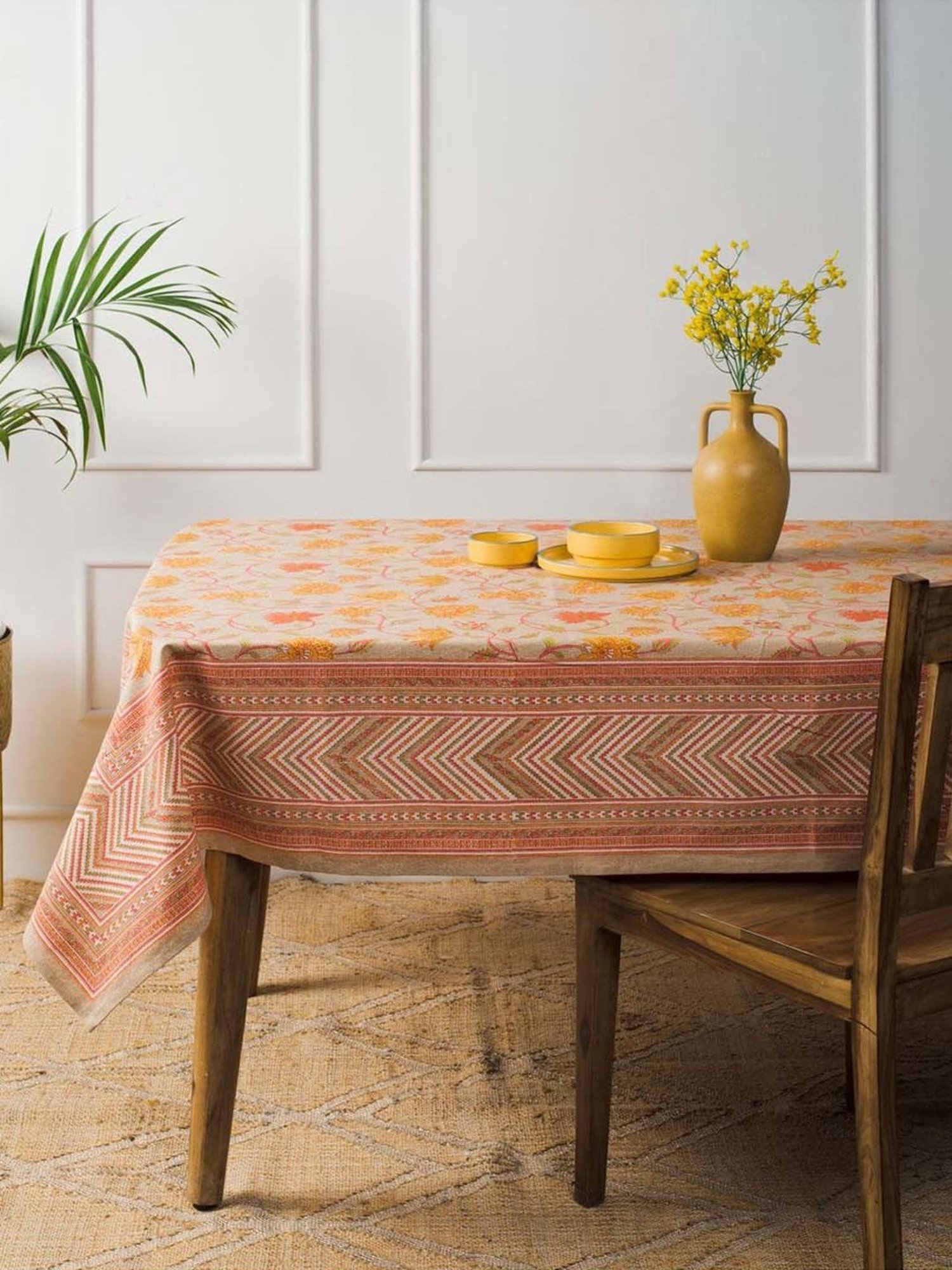Fabindia Home Tarinika Yellow Cotton 80 TC 200 GSM 6-Seater Printed Table Cover