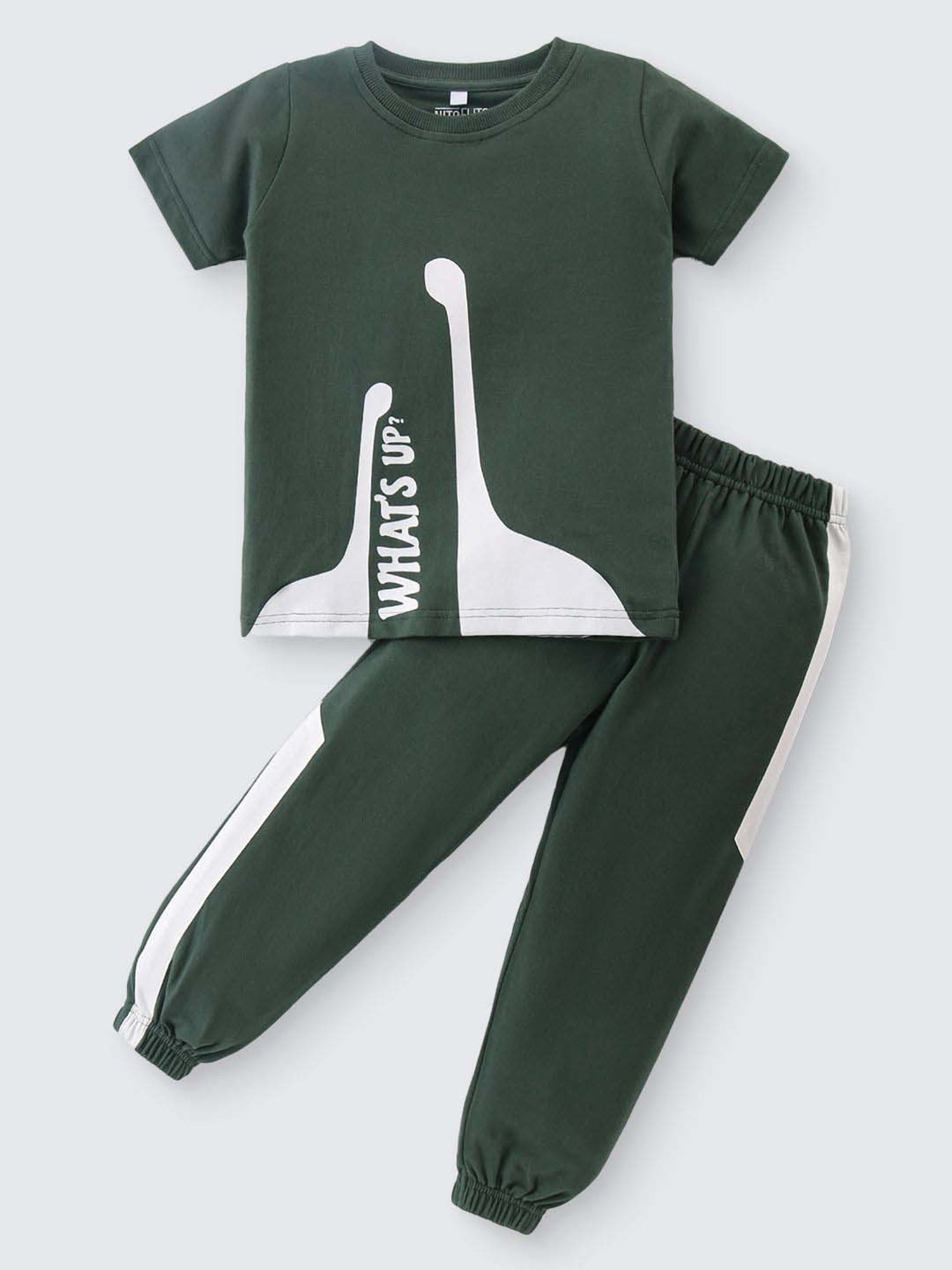 Nite Flite Boys Olive Green Cotton Printed Top and Joggers