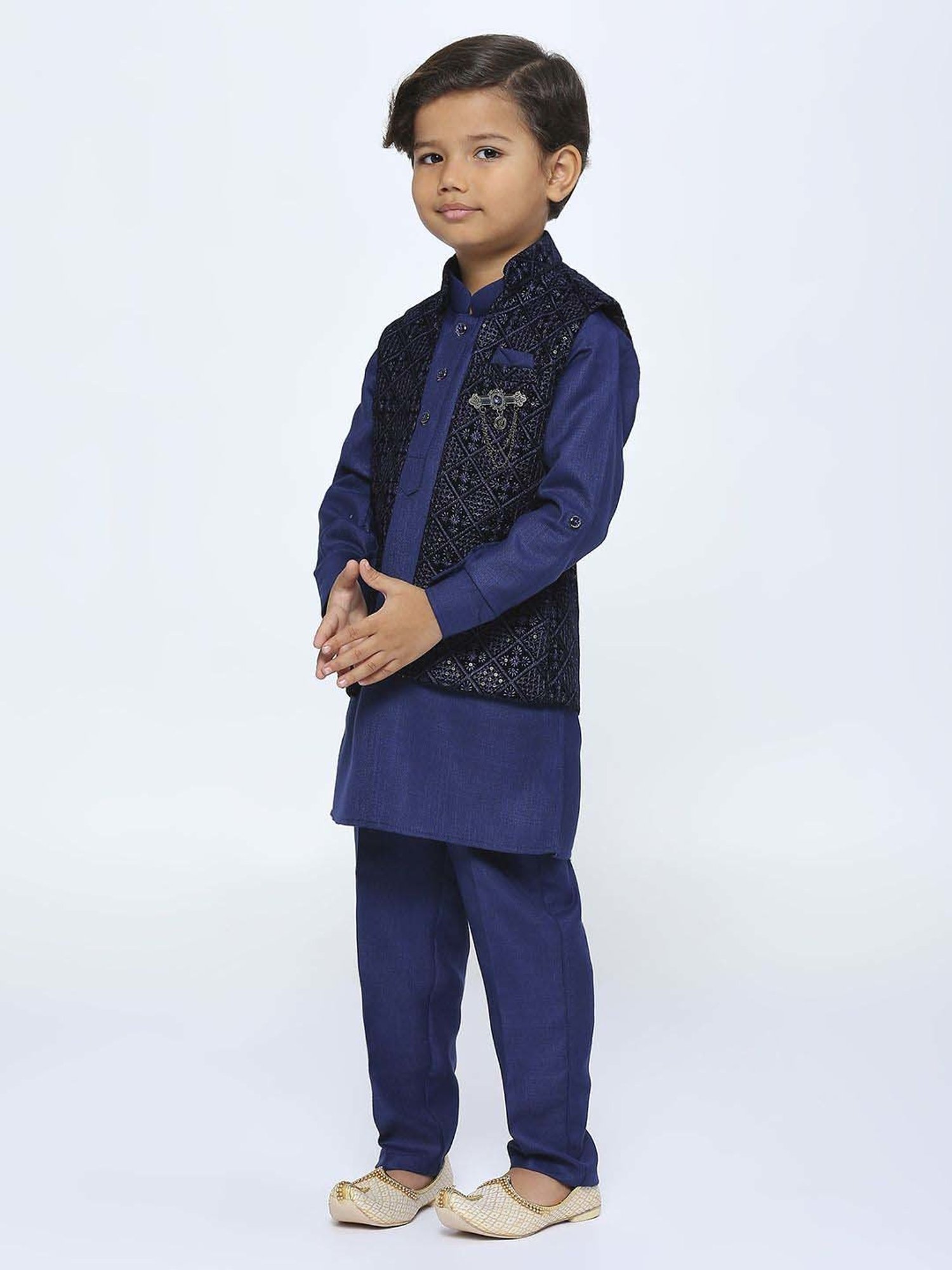 Kids Island Boys Blue Sequence Full Sleeves Kurta Set