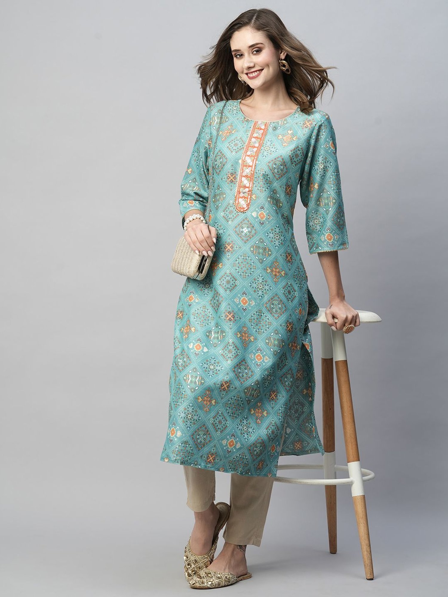 KIANA Blue Printed Straight Kurta