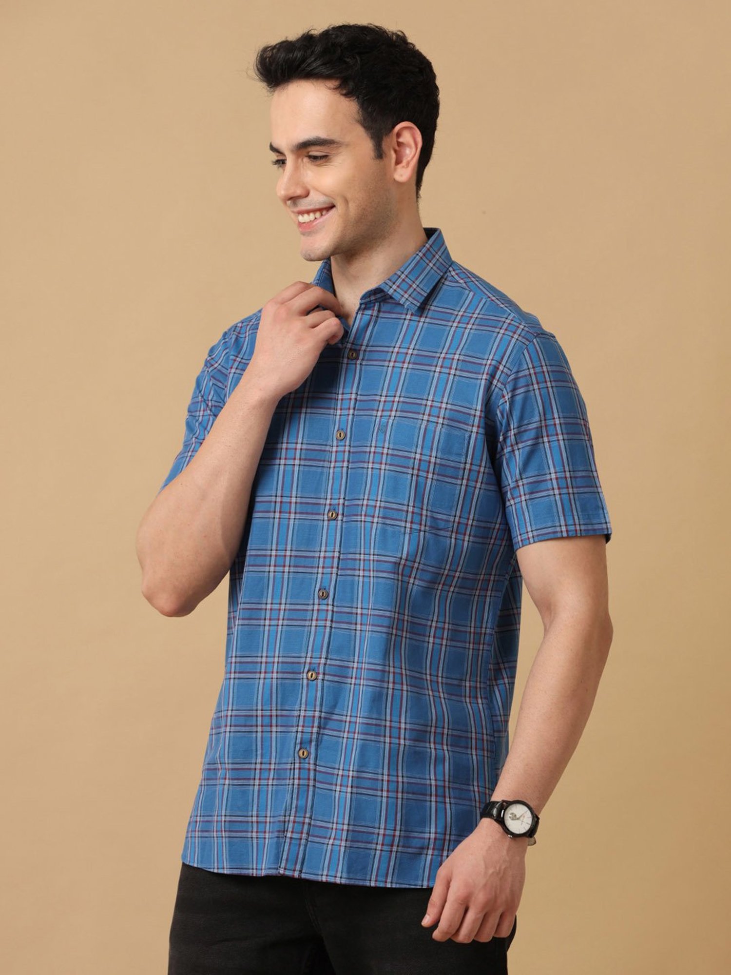 CAVALLO by Linen Club Blue Contemporary Fit Check Shirt