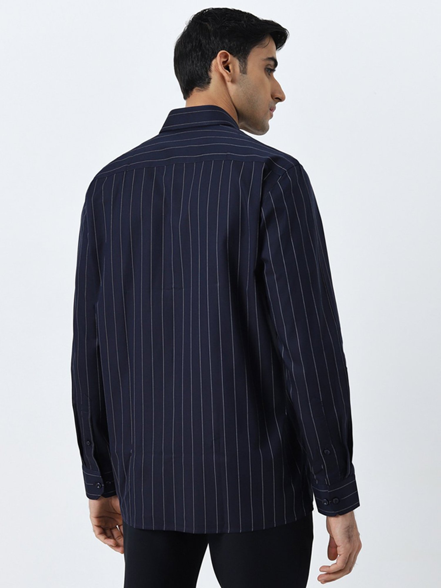 WES Formals by Westside Navy Pinstriped Relaxed-Fit Cotton Shirt